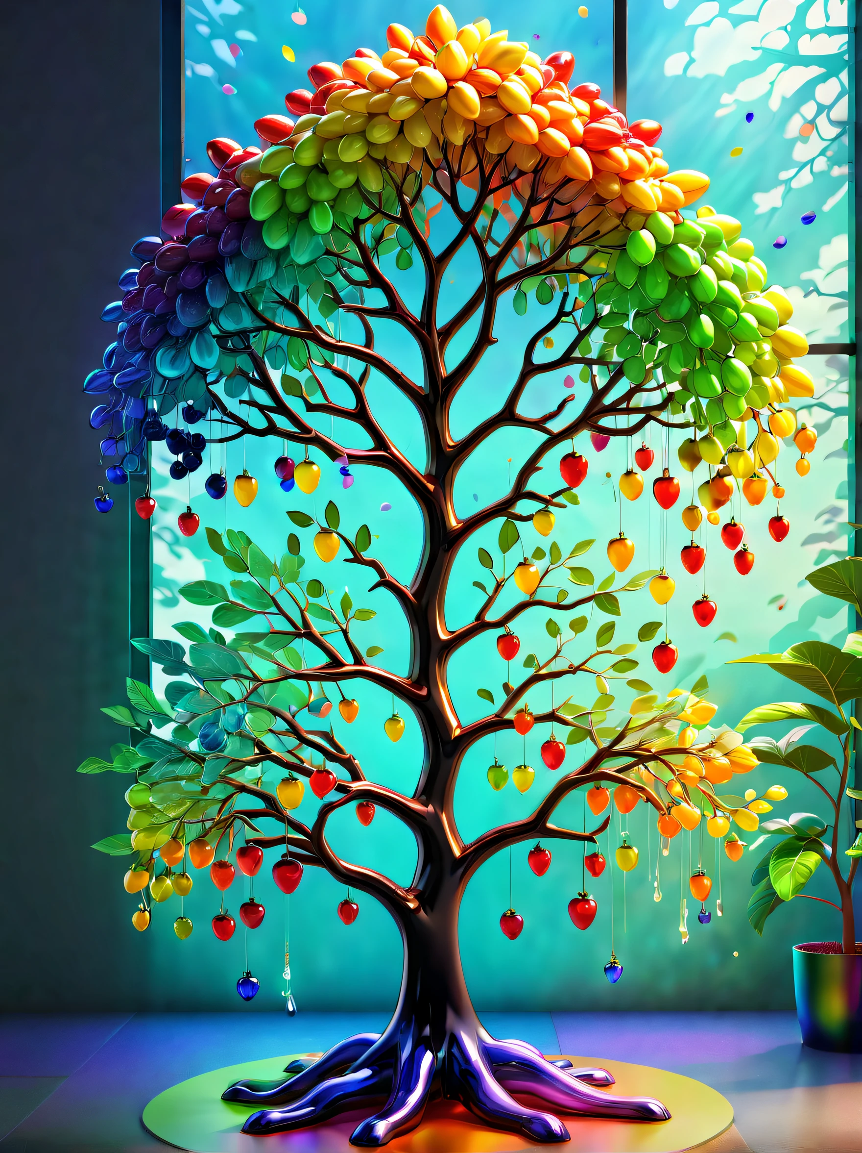 stained glass style，(A fabulous colorful rainbow ginseng fruit tree，Fruits in the shape of transparent smiley dolls hang on the branches，Irridescent color)，Leaves covered with nectar, Plants covered in liquid, Cute 3d rendering, Rendering in Cinema 4D Octane, blender art, Cinema 4D color rendering, Very detailed photos of happiness, rendered in cinema4d, Colorful octane rendering, A vibrant one, The beautiful, semi transparent, iintricate, Detailed pubic hair