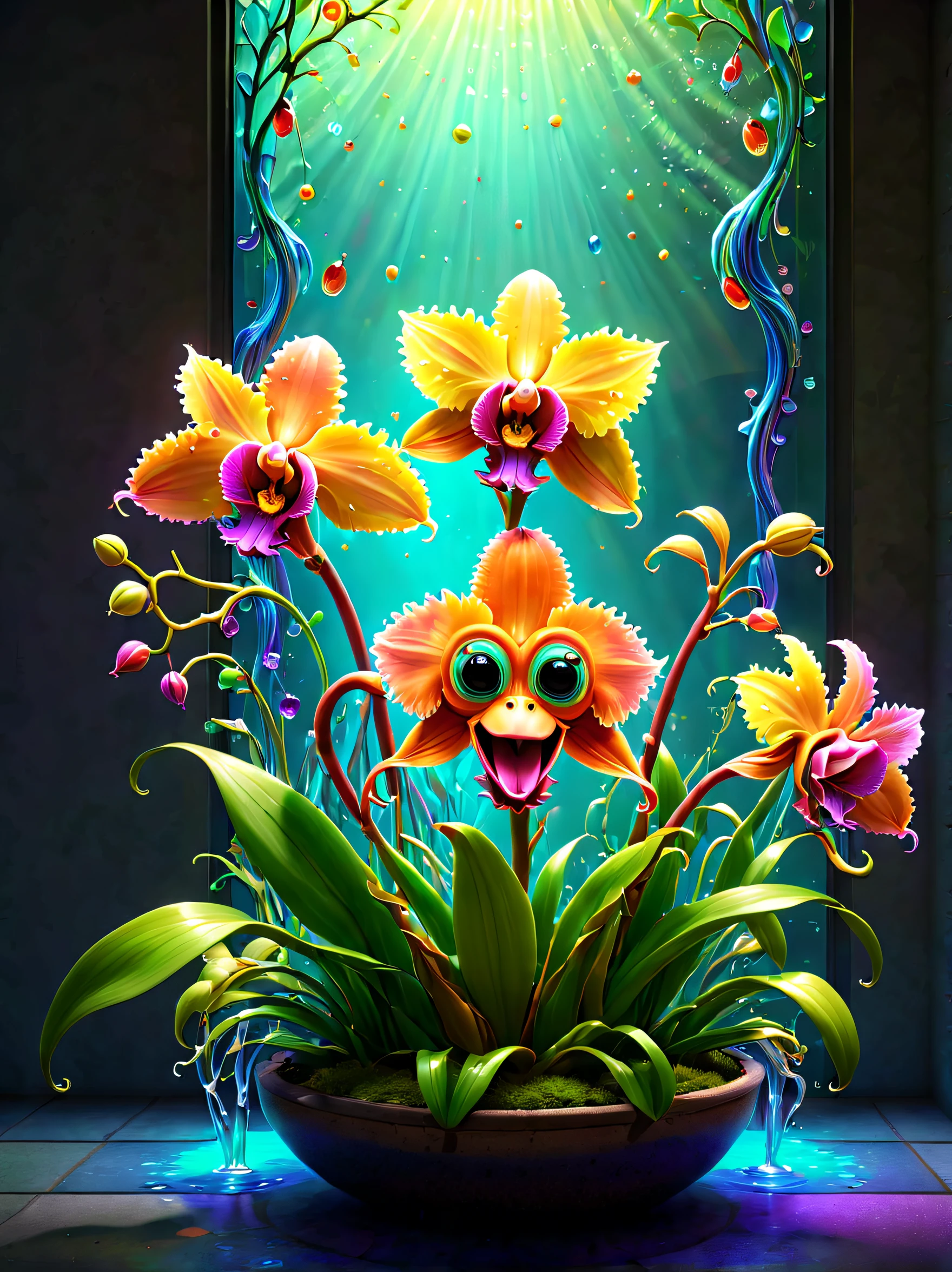 There is a potted plant with flowers in front of a window - SeaArt AI