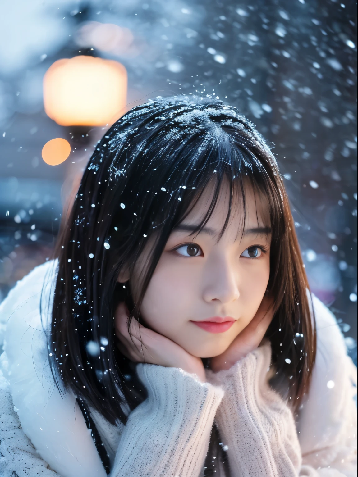 While watching the snow falling quietly. Her introspective and tearful expression、Makes you feel longing for winter nights and melancholy。。。。。、top-quality、hyper HD、Yoshitomo Nara, Japanese Models, Beautiful Japan wife, With short hair, 27yo female model, 4 K ], 4K], 27yo, sakimichan, sakimichan