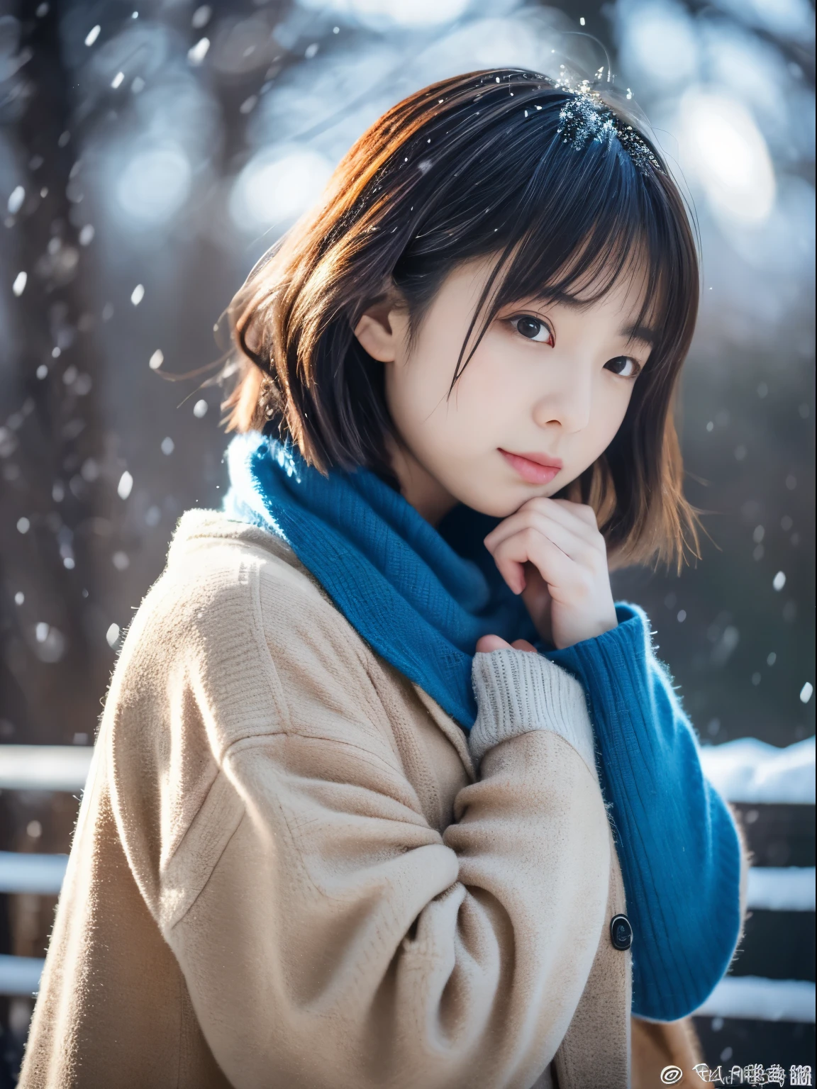 top-quality、​masterpiece、超A high resolution、Raw photography、(Photorealsitic:1.4)、1 girl、While watching the snow falling quietly. Her introspective and tearful expression、Makes you feel longing for winter nights and melancholy。。。。。。。、top-quality、hyper HD、Yoshitomo Nara, Japanese Models, Beautiful Japan wife, With short hair, 27yo female model, 4 K ], 4K], 27yo, sakimichan, sakimichan