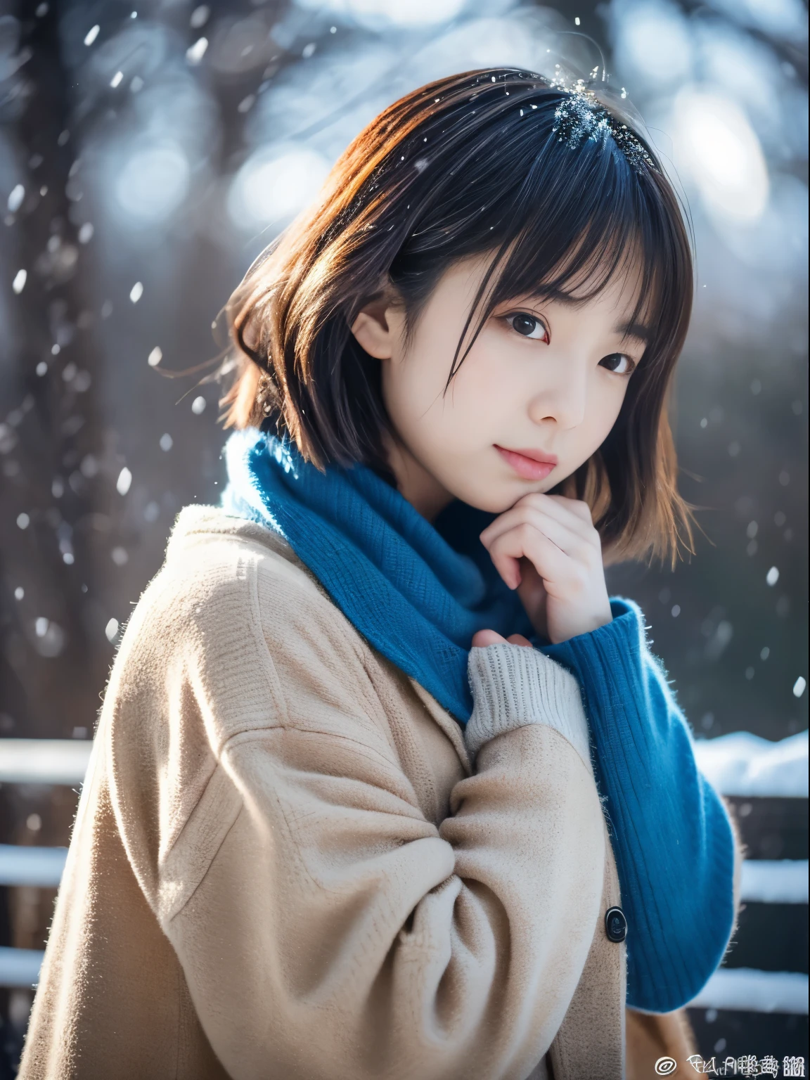 top-quality、​masterpiece、超A high resolution、Raw photography、(Photorealsitic:1.4)、女の子1人、While watching the snow falling quietly. Her introspective and tearful expression、Makes you feel longing for winter nights and melancholy。。。。。。。、top-quality、hyper HD、奈良美智, Japanese Models, Beautiful Japan wife, With short hair, 27yo女性モデル, 4 k ], 4K], 27yo, sakimichan, sakimichan