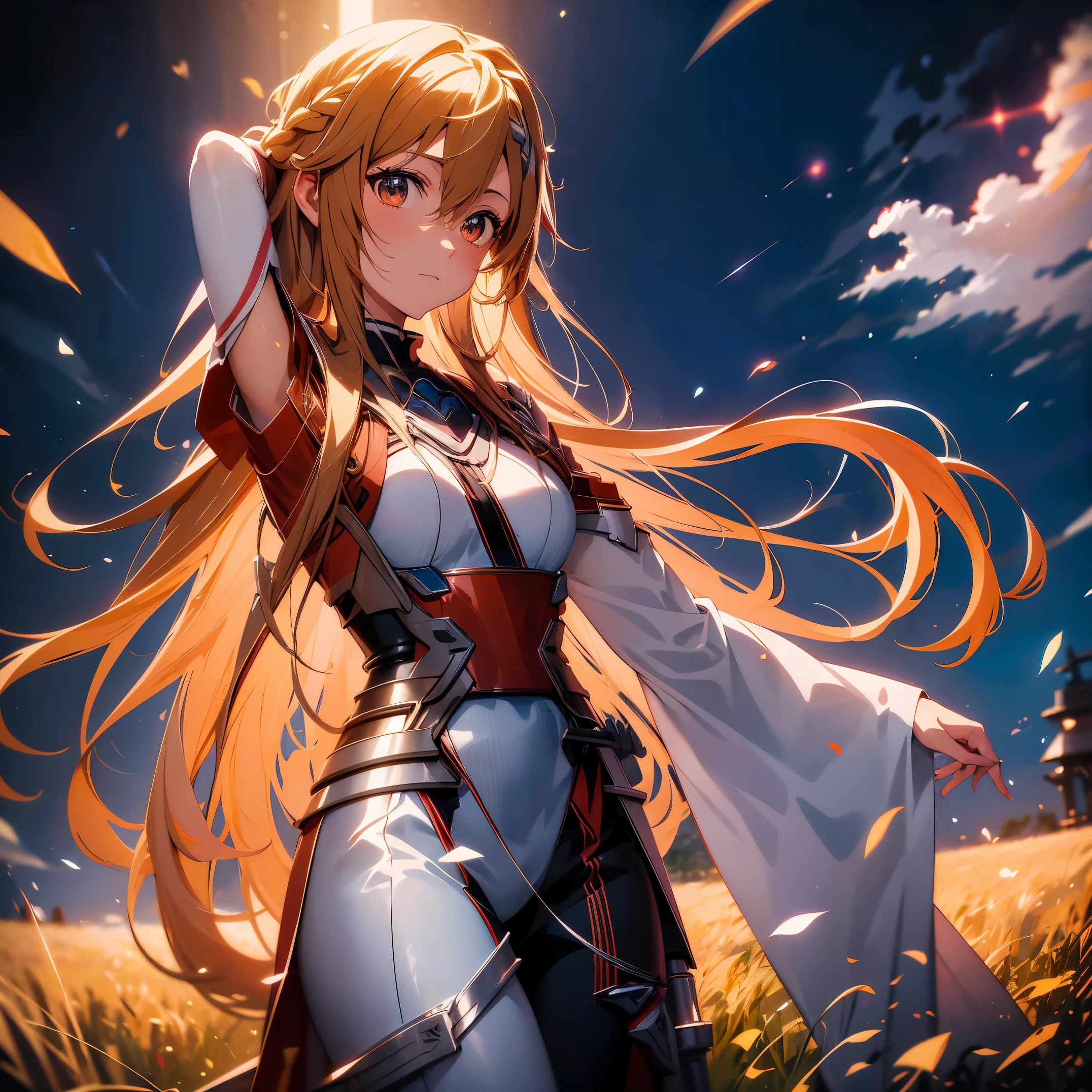 anime girl with long hair and sword in field with sky background, asuna yuuki, asuna from sao, epic light novel art cover, detailed key anime art, anime goddess, portrait of a female anime hero, detailed digital anime art, high detailed official artwork, blonde anime girl with long hair, photo of asuna from sao, anime girl with long hair