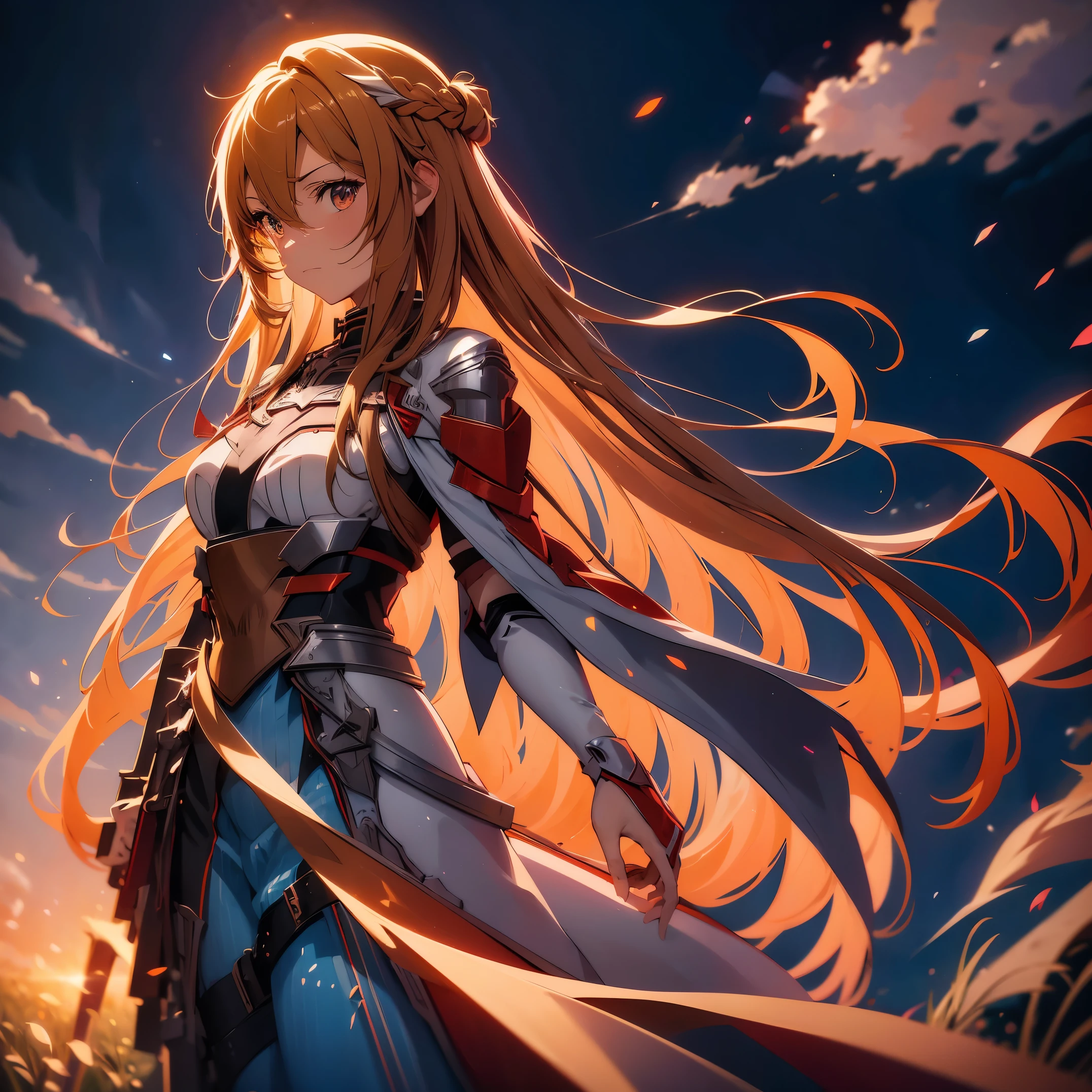 Garota de anime com cabelo comprido and sword in field with sky background, Asuna Yuuki, Asuna de SAO, capa de arte épica de light novel, arte chave detalhada do anime, Deusa dos animes, retrato de uma heroína de anime feminina, arte digital detalhada de anime, arte oficial altamente detalhada, blonde Garota de anime com cabelo comprido, photo of Asuna de SAO, Garota de anime com cabelo comprido