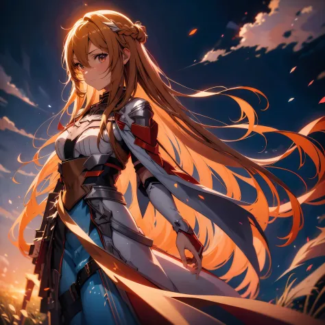 anime girl with long hair and sword in field with sky background, asuna yuuki, asuna from sao, epic light novel art cover, detai...