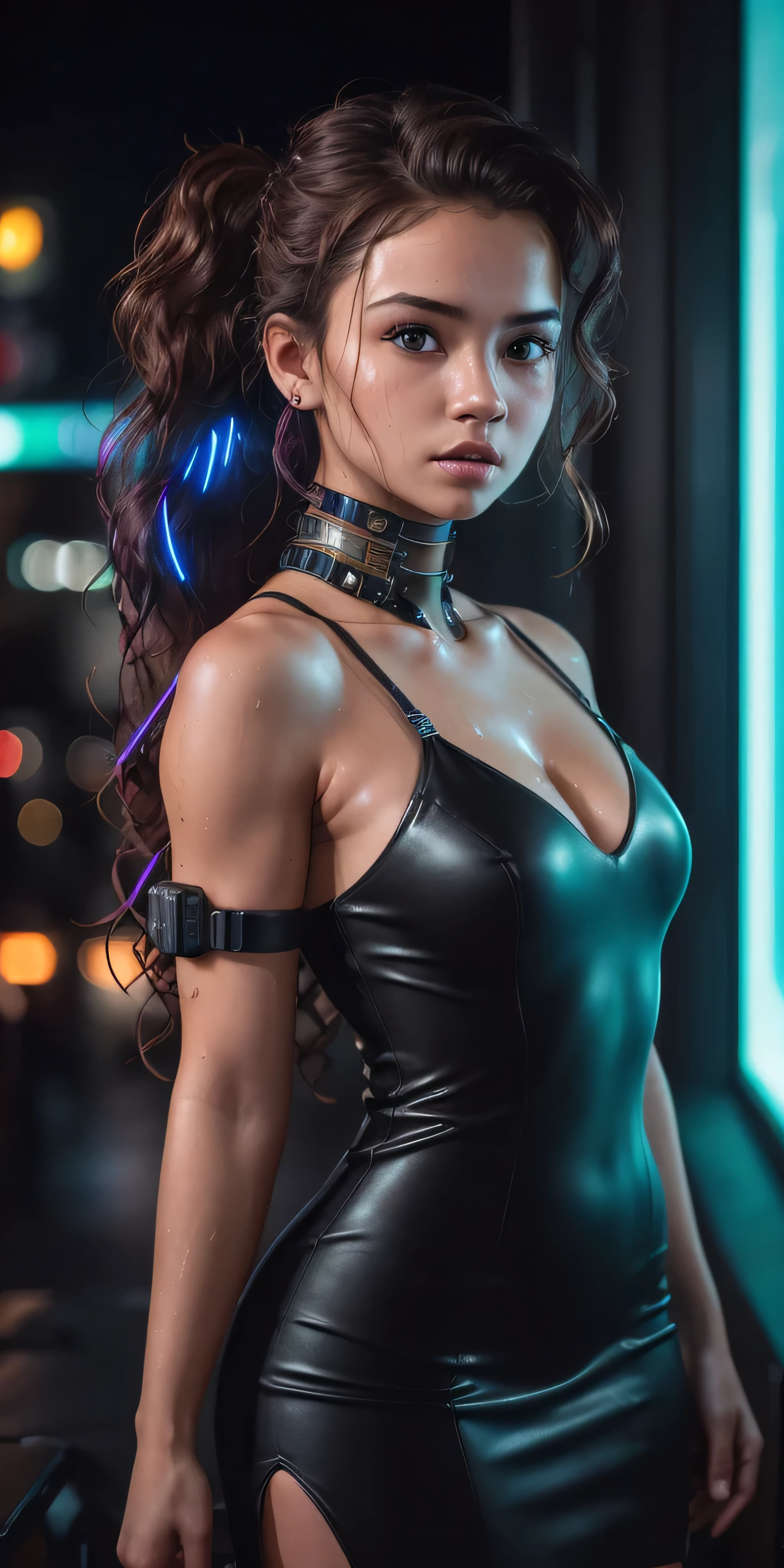 Full face portrait photo of 2 European girl, RAW, beautiful woman, semi-open strawberry lip, dimples, wistful expression, (extra long wavy brown hair), ((detailed face)), ((detailed facial featureine detailed skin), pale skin, (detailed tech cyberpunk dress with deep neckline), Cyberpunk megacity environment, (cool colors), wet, damp, reflection, (masterpiece) (perfect proportions) (realistic photos) (highest quality) (detail) shot with Canon EOS R5, 50mm lens, f/2.8, HDR, (8k) (wallpaper) (cinematic lighting) (dramatic lighting) (sharp focus) (complex), raw photos, raw photos, gigachad photos, Camera Pose, Black Jeans, Back Arm, 8K UHD, DSLR, High Quality, Grain Film, Fujifilm XT3, Film Stock Photo 4 Kodak Portra 400 Camera F1.6 Lens Rich colors Ultra-realistic textures Dramatic lighting Unreal Engine Art Station Trends Cinestill 800 tungsten, toughboy style, Ultra focus face, intimidating, combat position, short messy hair, muscles, bursting veins, beads, black and long curly, ponytail,