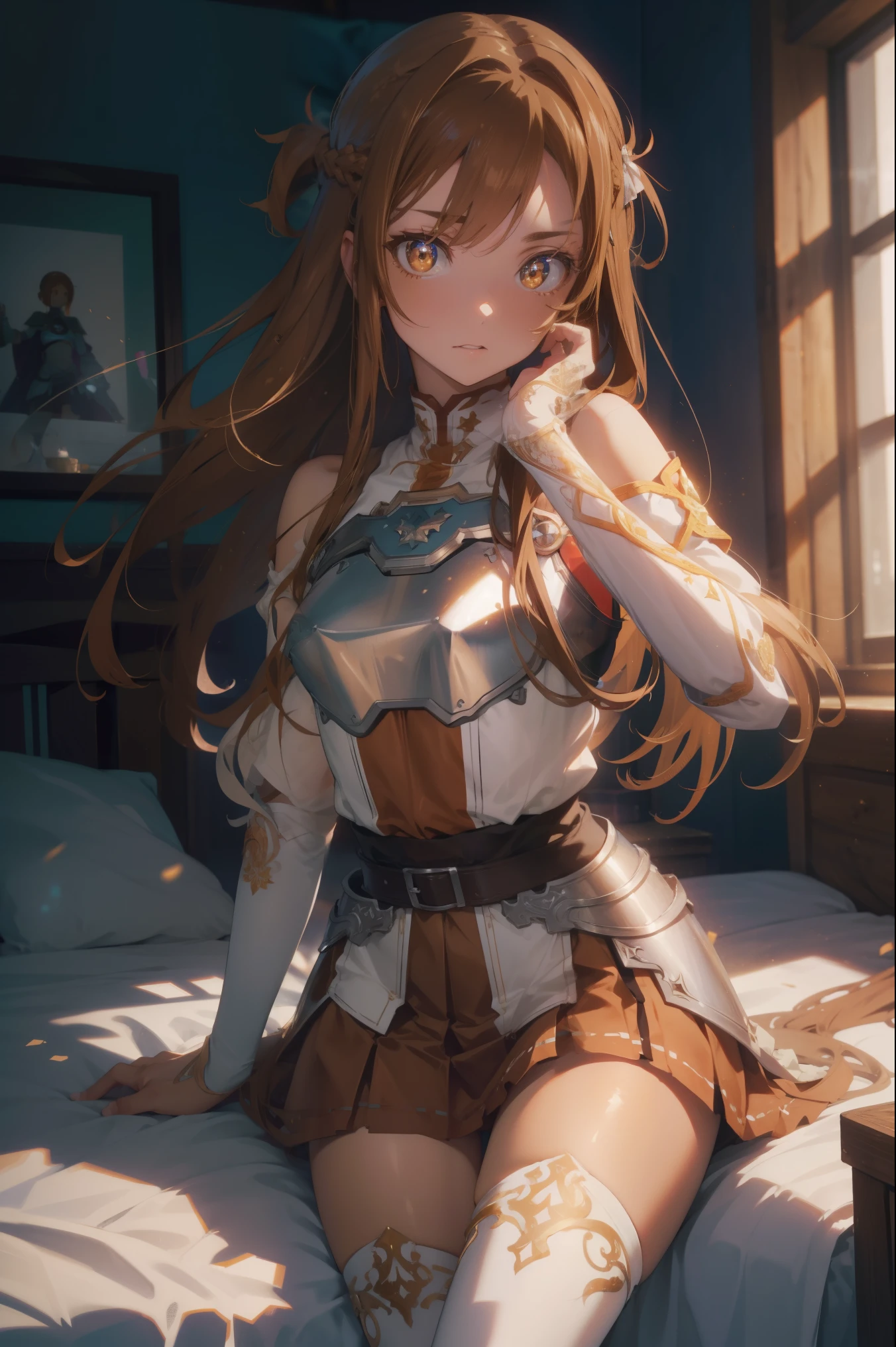 asunayuuki, asuna yuuki, long hair, brown hair, (brown eyes:2), (small breast:1.2),
BREAK skirt, thighhighs, bare shoulders, detached sleeves, armor, white thighhighs, breastplate,
BREAK indoors, bed, bedroom,
BREAK looking at viewer, BREAK (masterpiece:1.2), best quality, high resolution, unity 8k wallpaper, (illustration:0.8), (beautiful detailed eyes:1.6), extremely detailed face, perfect lighting, extremely detailed CG, (perfect hands, perfect anatomy),