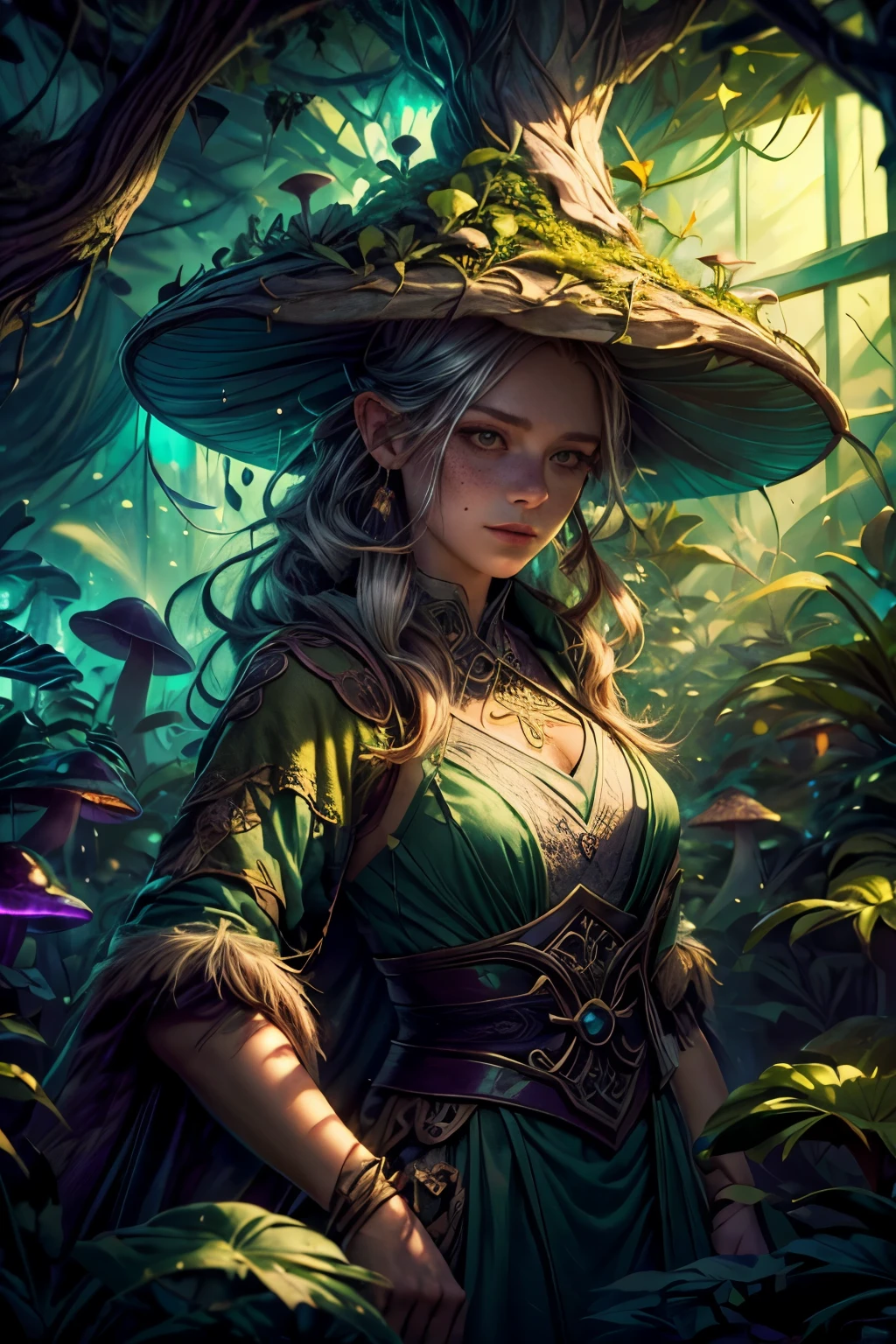 (masterpiece:1), (best quality:1), high contrast, strong shadows, outlines, 1 girl,  icelandic woman, freckles, silver eyes, brown twin drills hair,  
focus on character, portrait, solo, half shot, looking down, detailed background, detailed face, (DruidMagicAI, druidic theme:1.1), working, botanical scientist,  roots,   magical plants, colorful plants,   greenhouse effect,  magic,   healing magic, green color scheme,     mushrooms,   botanical garden in background,  magical atmosphere,