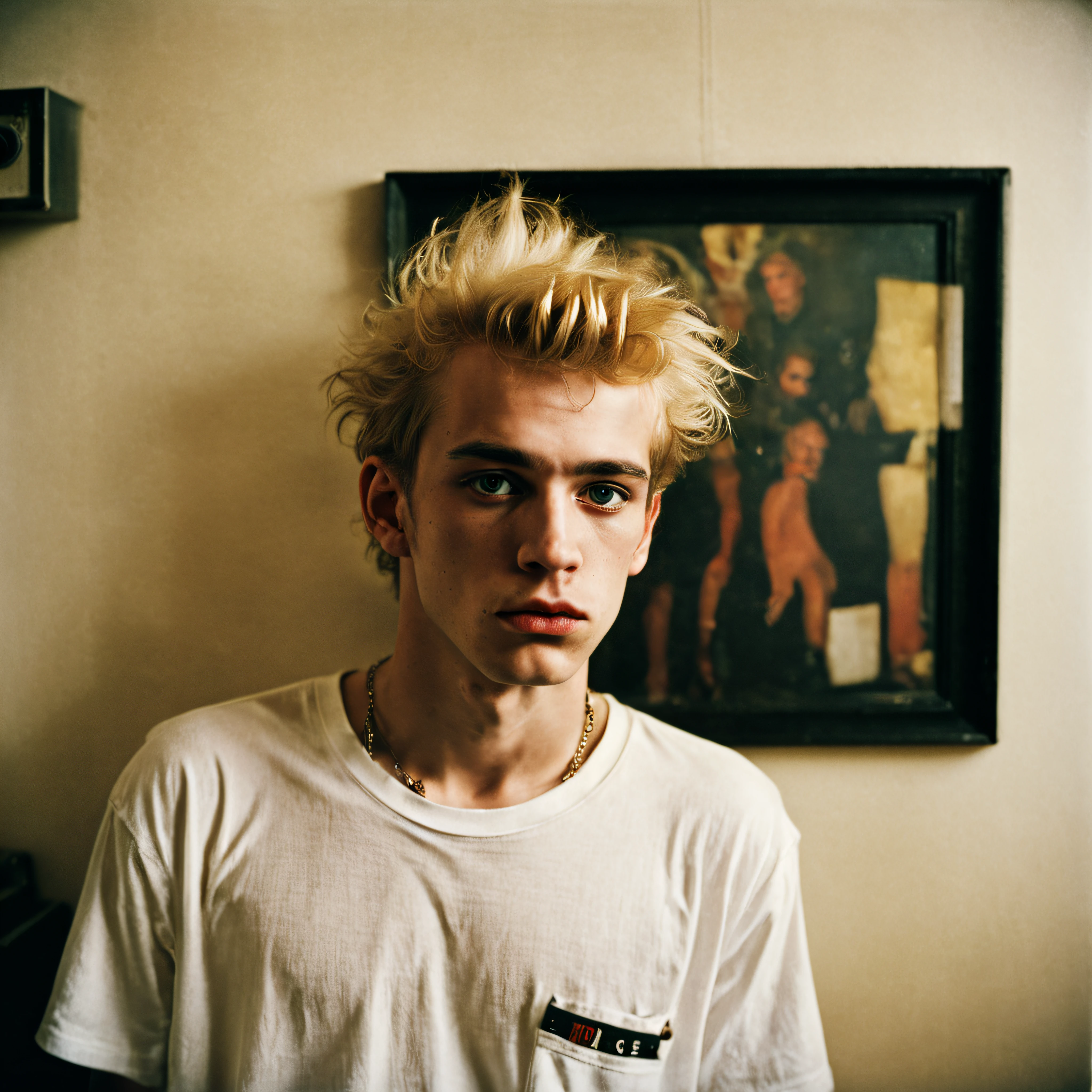 Arafed young man with blonde hair and a white shirt - SeaArt AI