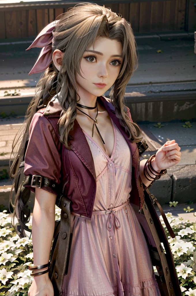 (masterpiece, best quality)
AerithFF7, 1girl, solo, long hair, breasts, looking at viewer, smile, bangs, brown hair, dress, bow, ribbon, cleavage, jewelry, medium breasts, closed mouth, green eyes, jacket, hair ribbon, upper body, ponytail, braid, short sleeves, sidelocks, outdoors, open clothes, choker, necklace, open jacket, lips, parted bangs, buttons, wavy hair, pink bow, pink dress, red jacket, cropped jacket, pink ribbon, realistic, long dress
