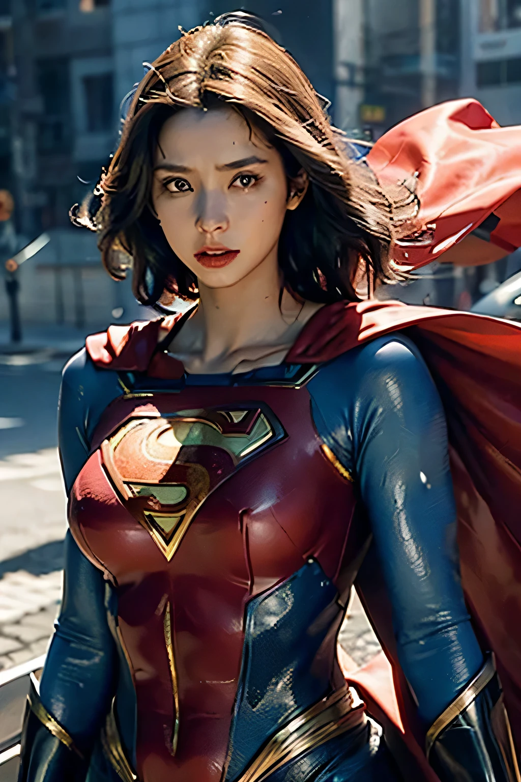 Detailed Superman costume with full sleeves covering the entire body, Characterized by female physique, large full breasts, high quality render, flying though the air, Vivid colors, Dramatic Lighting, red cape, Cinematic Costumes
