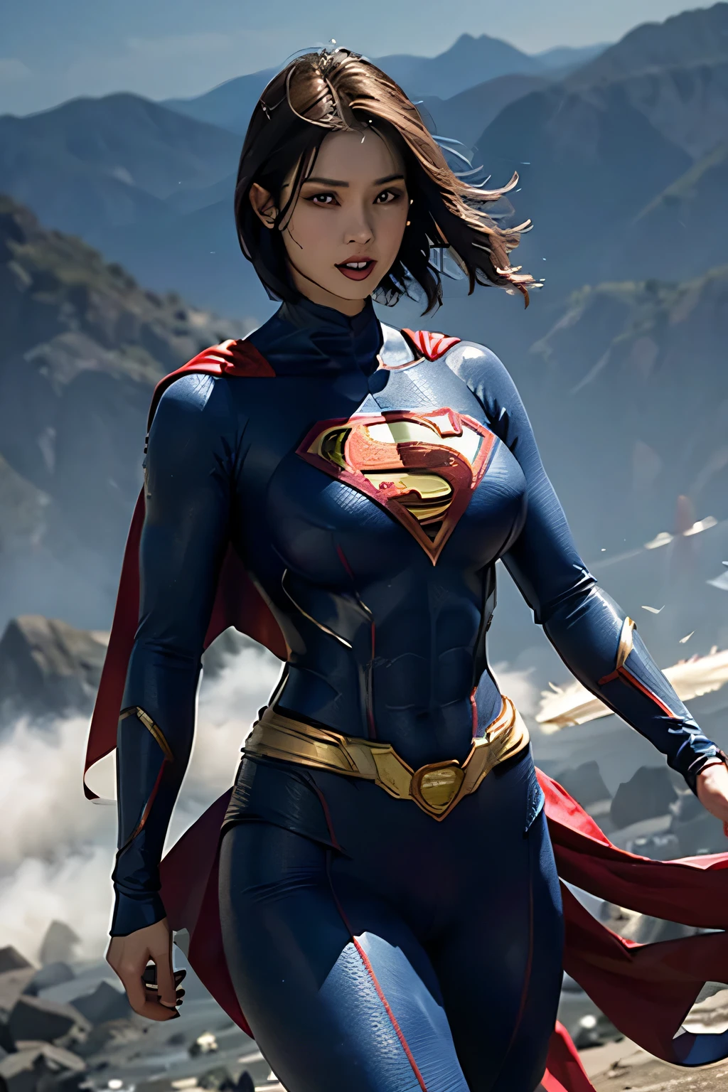 Detailed Superman costume with full sleeves covering the entire body, Characterized by female physique, (Huge breasts), (thin waist), high quality render, flying though the air, Vivid colors, Dramatic Lighting, Cinematic Costumes
