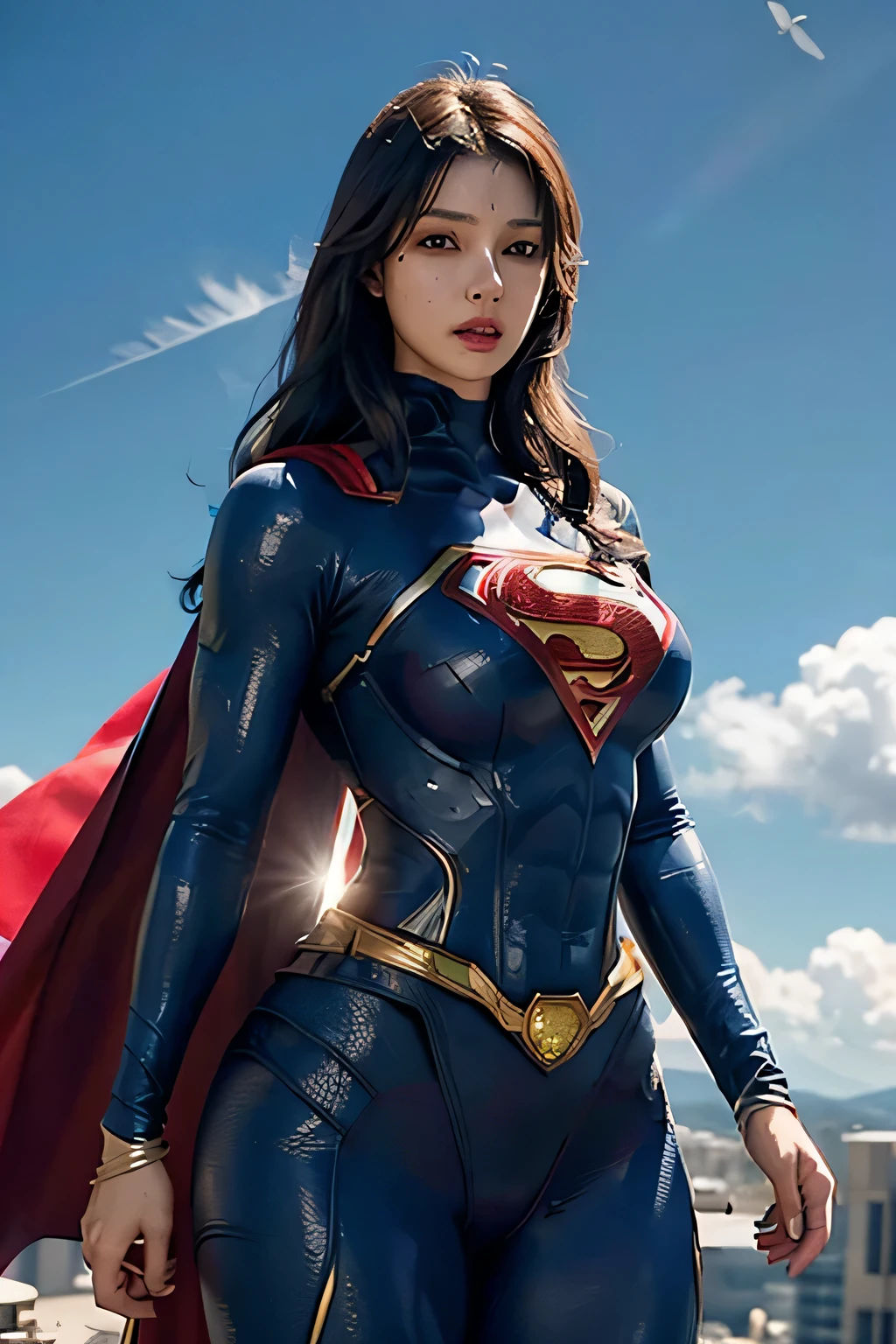 Detailed Superman costume with full sleeves covering the entire body, Characterized by female physique, (Huge breasts), (thin waist), high quality render, flying though the air, Vivid colors, Dramatic Lighting, Cinematic Costumes