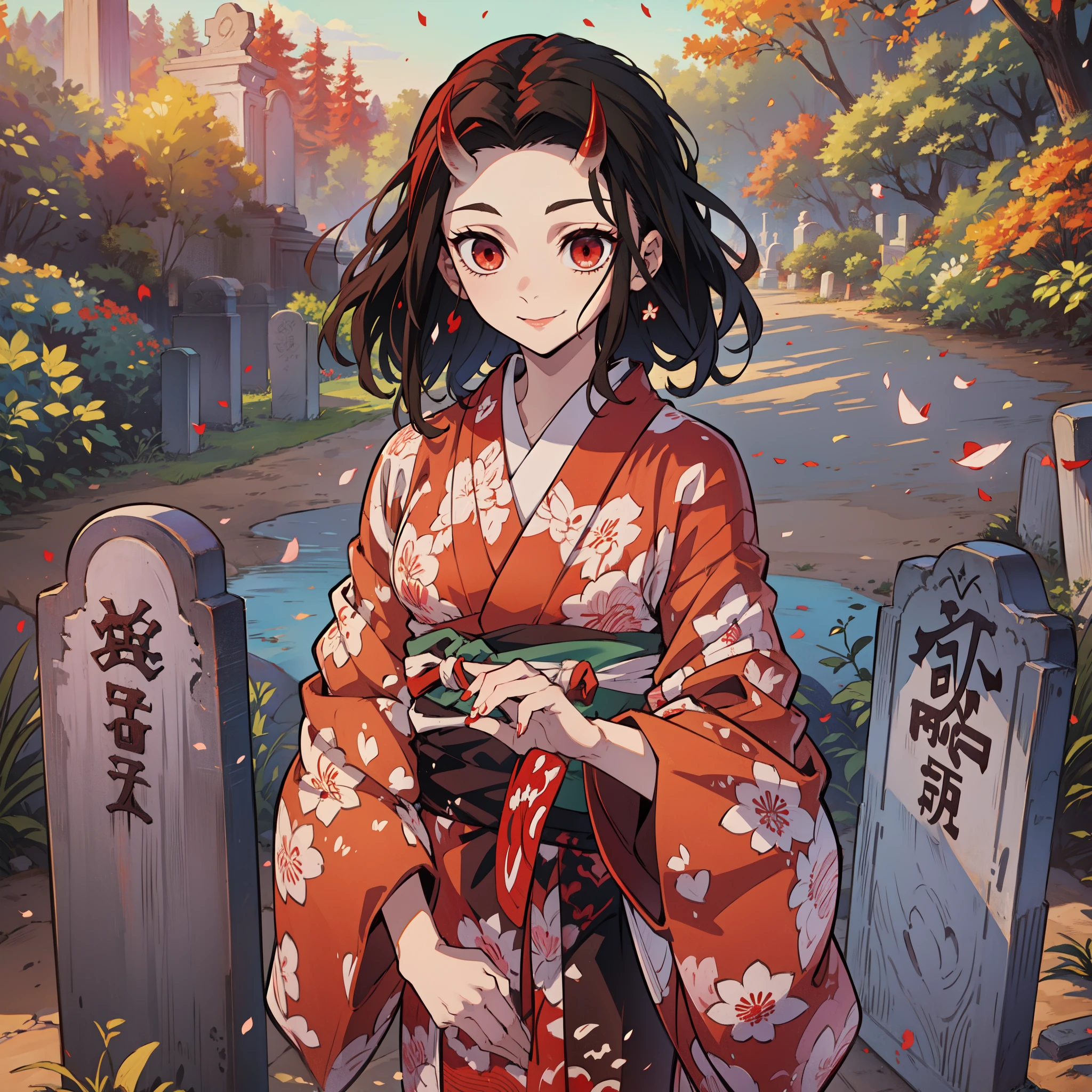 (Mesa, mejor calidad:1.2), estilo kimetsu no yaiba, Kamado Nezuko, (1 chica en, Solo), 18 años, Pelo negro ondulado, (cuernos de demonio rojo:1.5), ojos rojos, kimono rosa, sonrisa maligna, de un lado, (En la tumba, Lápida de estilo japonés), ver lápida