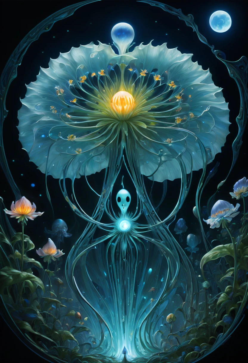 Plante magique des abysses, la fleur fantôme,Images d&#39;une sorcière fascinée rencontrant des formes de vie extraterrestres, Illumination de plantes bioluminescentes, Le contenu est très détaillé, hyper réaliste, 10k haute résolution, À la gouache, art de gribouillage, Glaslorne, Influencé par l&#39;Art Nouveau, Donné, et l&#39;avenir, L&#39;art du cryptage lunaire Wow,