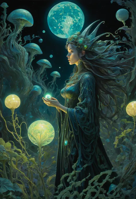 images of a fascinated witch encountering alien life forms, illumination of bioluminescent plants, the content is very detailed,...