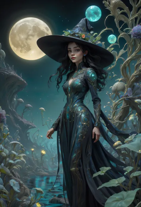 Images of a fascinated witch encountering alien life forms, Illumination of bioluminescent plants, The content is very detailed,...
