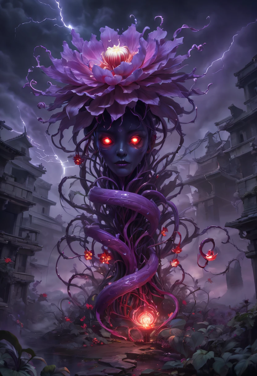 Magical plant from the abyss, the ghost flower, ghost flower,Blood-red tentacles stare at the dead，carismatic，Incredible，terror，Wrapped purple magic lightning, epic magic power, The corolla shines brightly, Electric Power Branch, epic thunderstorm, terror冲击, Surreal, Crazy, Whimsical, Octagonal rendering, iintricate,