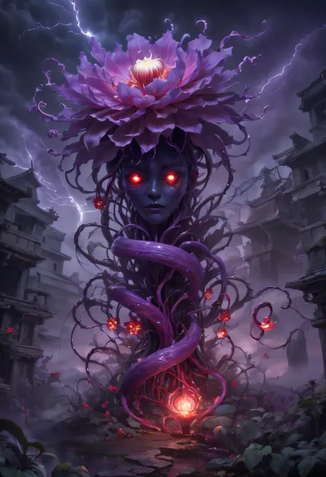 Magical plant from the abyss, the ghost flower, ghost flower,Blood-red tentacles stare at the dead，carismatic，Incredible，terror，...