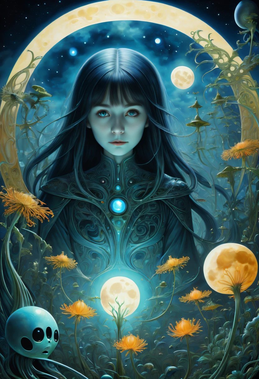 Images of a fascinated witch encountering alien life forms, Illumination of bioluminescent plants, The content is very detailed, hyper realisitc, 10k high resolution, Gouache style, scribble art, Glaslorne, Influenced by Art Nouveau, Given, and future, The Art of Lunar Encryption Wow,