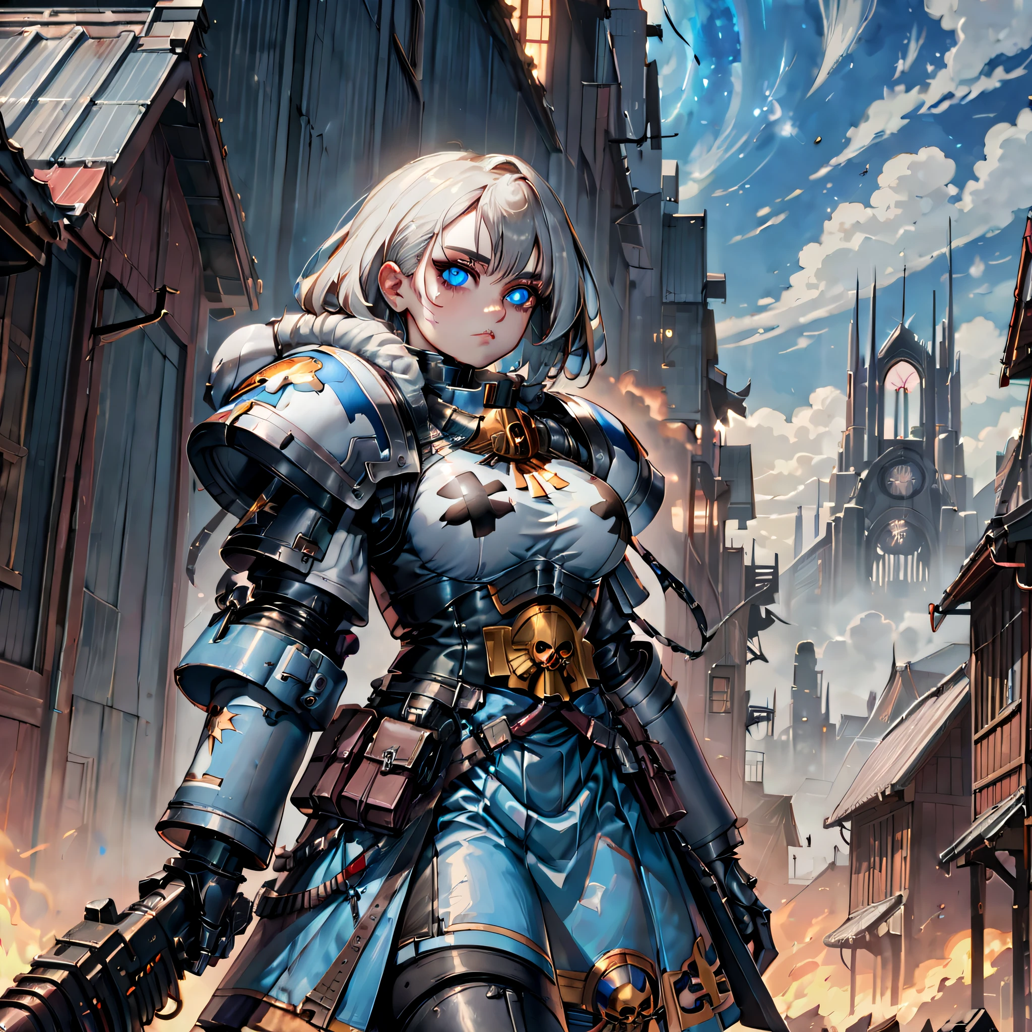 um bonito ((Mulher Madura)), (adepta sororita)  do universo Warhammer 40k. Ela tem cabelos loiros prateados e olhos azul-celeste, adornado com uma armadura poderosa com texturas metálicas em azul e cinza, complementado por tecido de látex semelhante a uma saia. retrato. Nivél dos olhos. Fundo: Um ambiente inspirado em Warhammer 40k com arquitetura gótica e cenário celestial. ((Estilo-Anime)). Light Iluminação dramática para acentuar as texturas metálicas. (rosto extremamente detalhado), melhor qualidade, Obra de arte, ultra-detalhado, 8K.