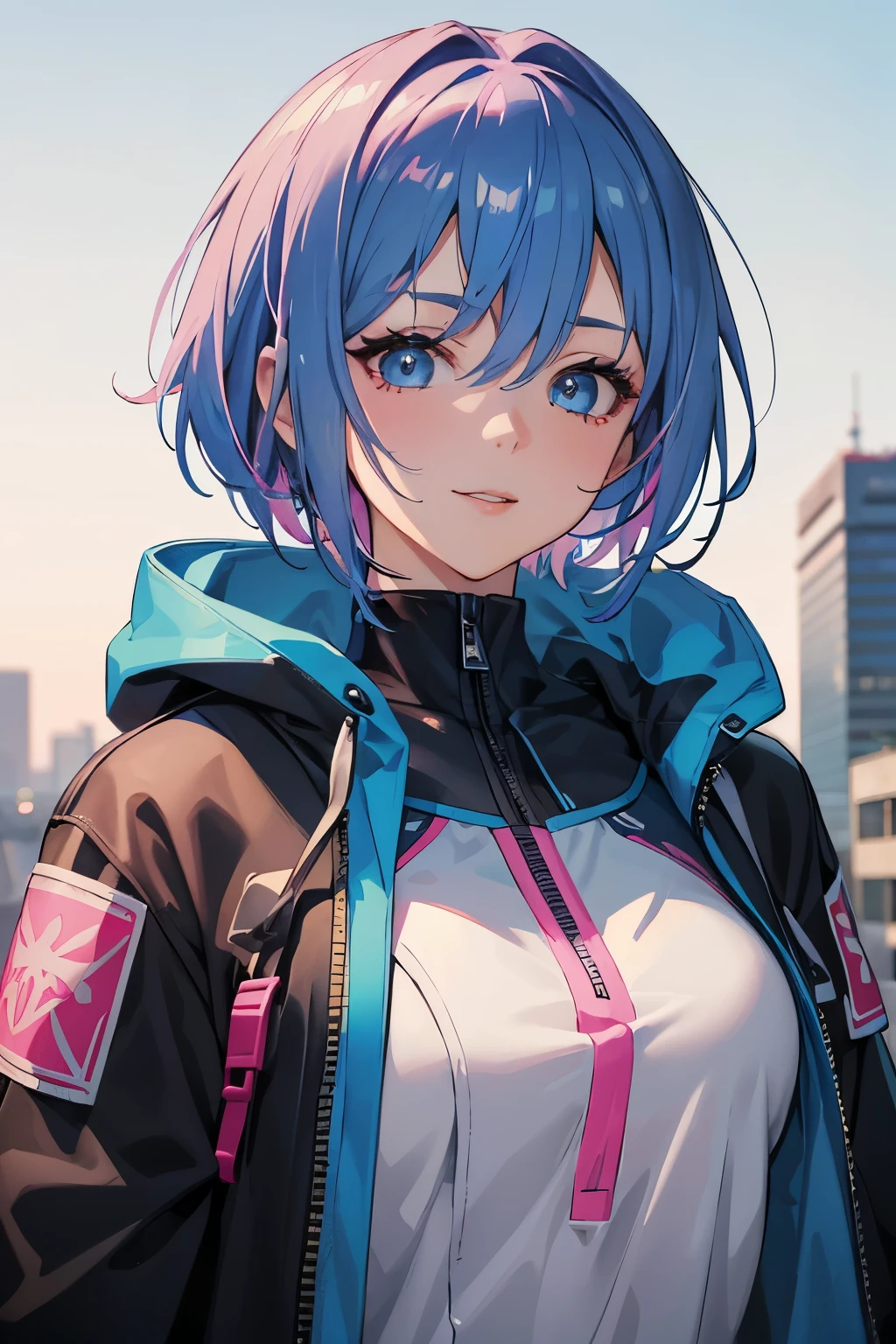 masterpiece, best quality, 1girl, blue hair with pink highlights, short hair, hime cut, blue eyes, hoodie, techwear, detailed eyes, detailed facial features, realistic and high resolution (best quality, 4k, 8k, highres, masterpiece:1.2), empty background, smile