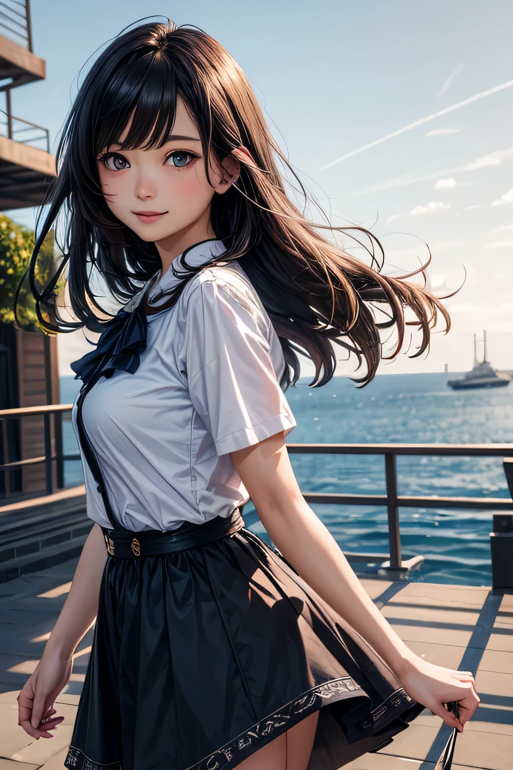 Very cute and beautiful girl,(very detailed beautiful face and eyes:1.2),Smile,(Cowboy Shot),
navy blue ruffle dress,Walking,Dynamic Pose,(Detailed legs,Mini skirt:0.9),
Dynamic Angle,Black hair,(rose garden),naval port,warship in the distance,
(Best Quality,masutepiece:1.2),(Intricate details:1.2),hight resolution,Extremely detailed,
Solo,Natural lighting,Hair fluttering in the wind,Beautiful detailed sky,