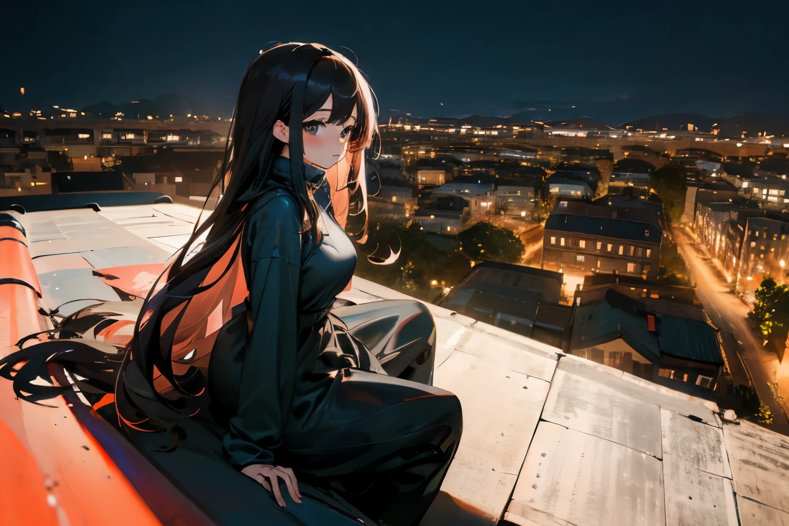 ((Great Quality)), (Detailed), Anime girl, 1 girl, long dark hair, wearing oversize pullover, medium big breasts, looking at distance, looking away from viewer, sitting on a rooftop, high res, ultra sharp, 8k, masterpiece, ambient, lofi, beautiful sky background, view from side, nighttime