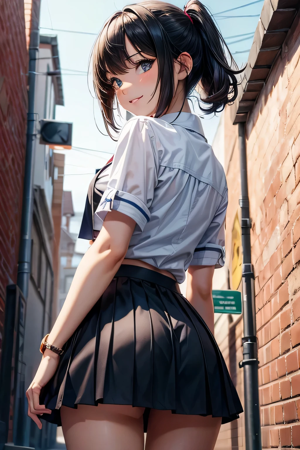 very cute and beautiful school girl,(very detailed beautiful face and eyes:1.2),
Smile,Black hair,(Mini skirt),(Cowboy Shot),(From below),Looking back,from behind,Leaning forward,White panties,
Back alley,building brick wall,Dynamic Angle,
(Best Quality,masutepiece:1.2),Intricate details,Extremely detailed,hight resolution,1 girl,Solo,Cinematic lighting,