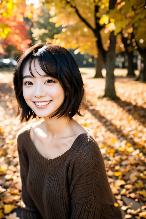 22year old（年轻）、Black Hair Bob、natural and light makeup、Autumn、Smiling expression、、Natural finish、For autumn leaves、Portrait imag...