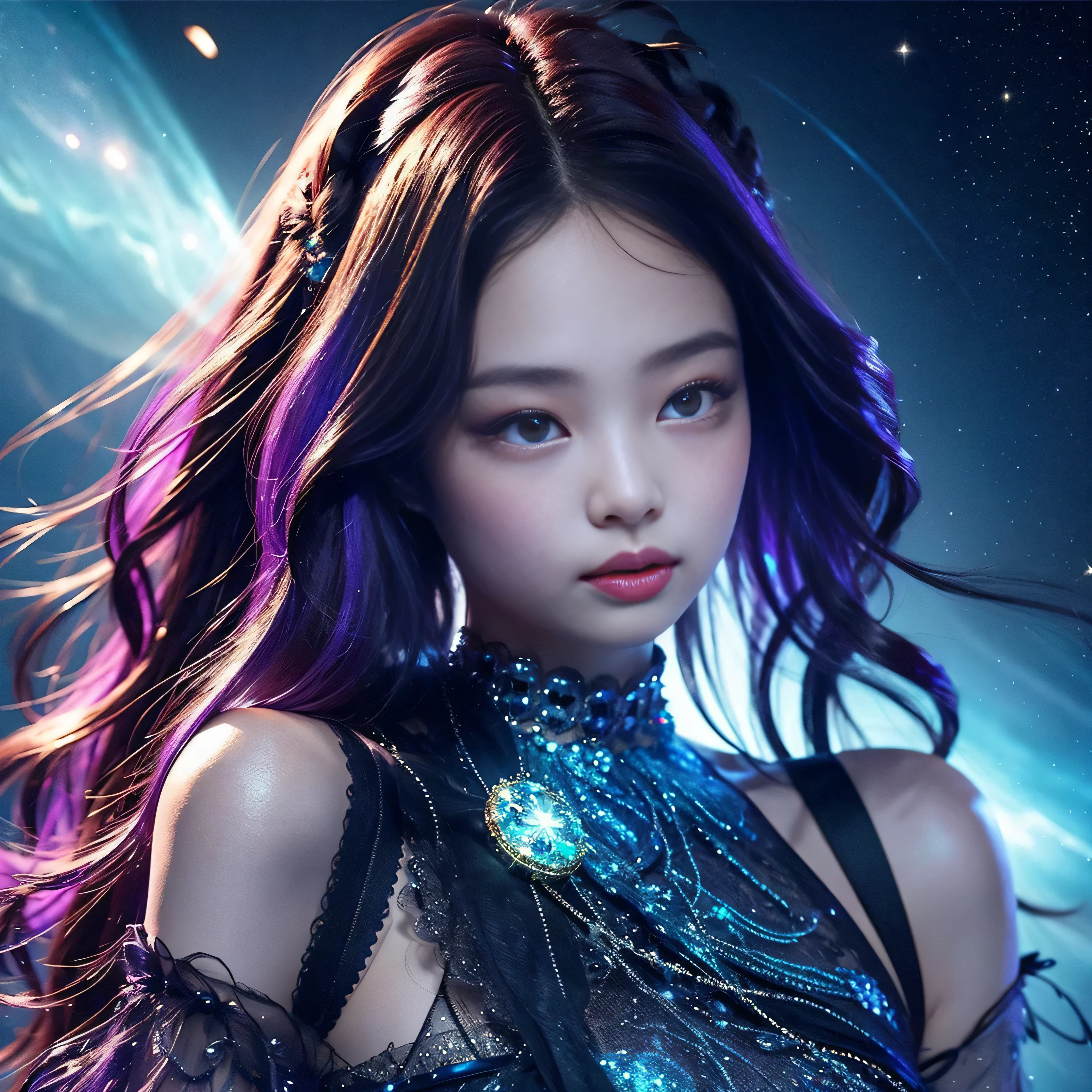 Background: Mysterious quantum environment, Cosmic elements and ethereal atmosphere，A mix of bright lights and colorful nebulae. Theme: A mysterious girl with a magical aura. She has long, Colorful wavy curls, The shiny hair stands out. His eyes are deep and expressive, Reflection Universe. She wore a flowing dress in purple and blue, With intricate details and mysterious textures. Color Palette: A combination of mysterious shades such as cosmic purple, Sky blue, Soft pink and a touch of gold. Create contrasts, Increase depth, Dark color, Such as dark purple or night blue. Aesthetics: The aesthetic combines elements of Mistycore, Known for its mysterious and ethereal atmosphere, and crystal cores, With its crystal clarity and sparkling details. The girl exudes magical energy，Her presence hangs over her，mesmerising. Covered with: Keep subtle glowing effects and glitter overlays around the girl, Covered with: Add a soft glow effect around the girl and crystal, It seems to exude magic. Also, Add small details of flash，Enhance the ethereal atmosphere. Jennie Kim,