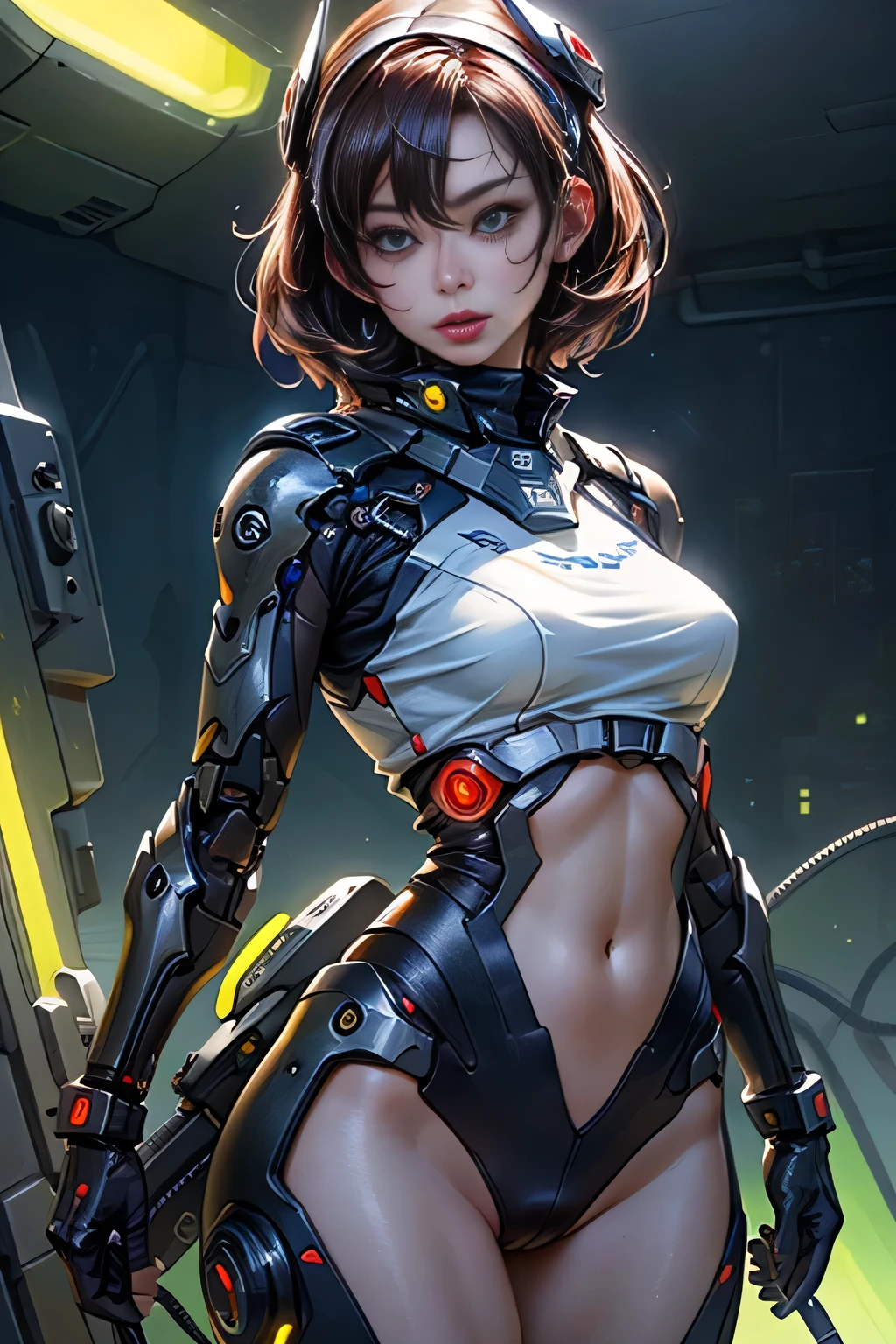 1womanl, Mature, 美丽的面容, big eye, (Choppy), (cybernetic body parts), Headgear, Short underwear, Cowboy Shot, (Background with: futuristic cyberspace battlefield),  (depth of fields), ​masterpiece, Realistic, impossible details, top-quality