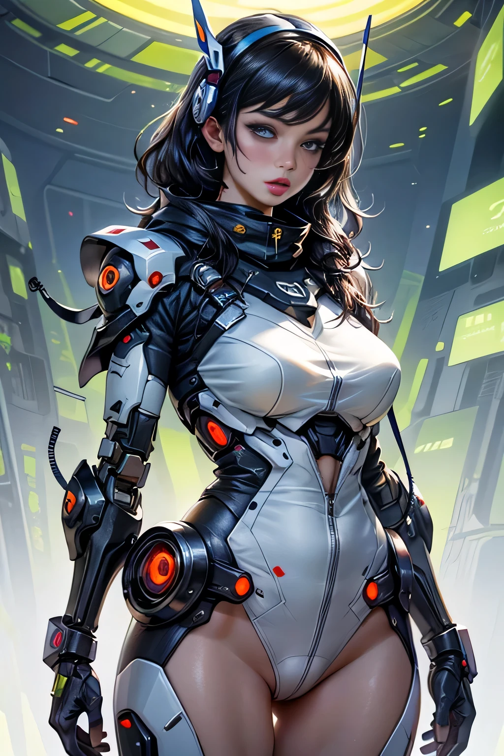 1womanl, Mature, Beautiful face, big eye, (huge Brests), (cybernetic body parts), headgear, Short underwear, Cowboy Shot, (Background with: futuristic cyberspace battlefield),  (depth of fields), ​masterpiece, Realistic, impossible details, top-quality