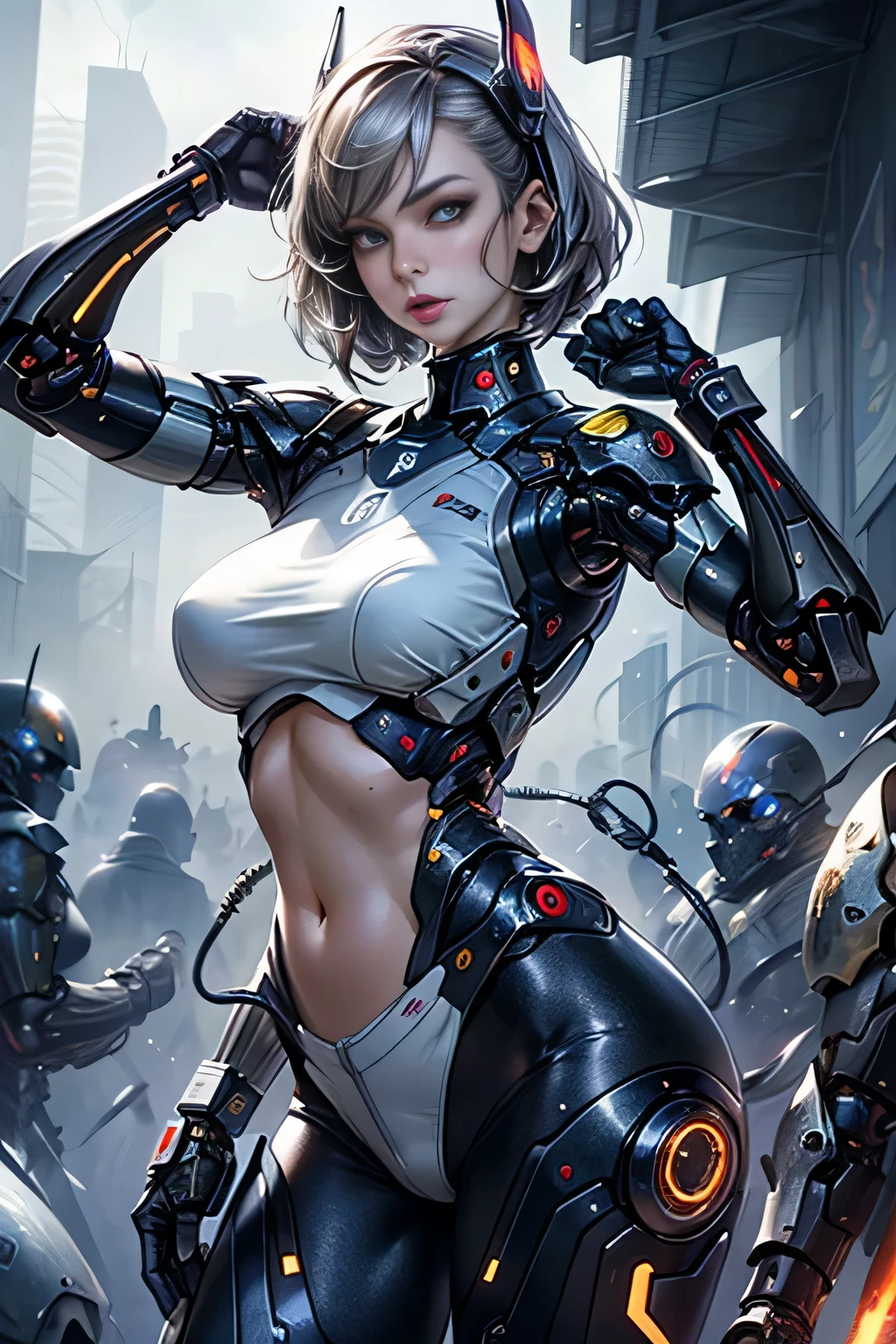 1womanl, Mature, beautiful expression, big eye, (Huge breasts), (cybernetic body parts), Headgear, Short underwear, Cowboy Shot, (Background with: futuristic cyberspace battlefield),  (depth of fields), ​masterpiece, Realistic, impossible details, top-quality