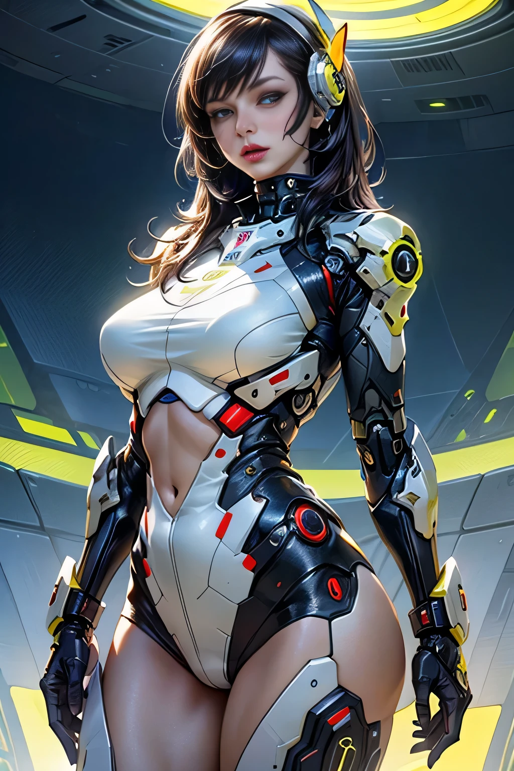 1womanl, Mature, beautiful expression, big eye, (Huge breasts), (cybernetic body parts), Headgear, Short underwear, Cowboy Shot, (Background with: futuristic cyberspace battlefield),  (depth of fields), ​masterpiece, Realistic, impossible details, top-quality