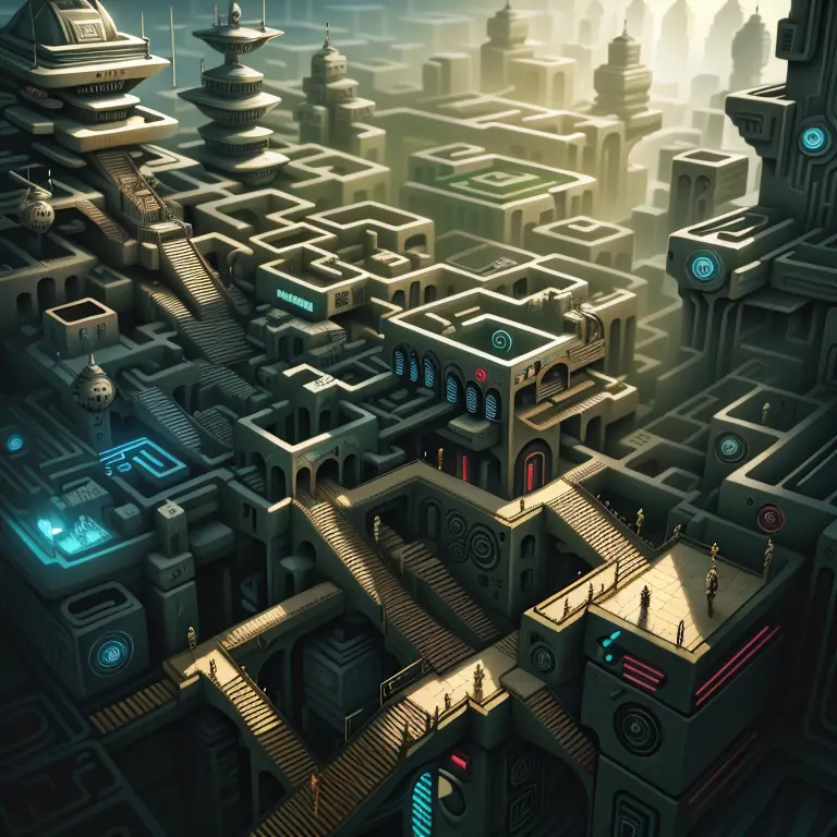 1:1, top view, futuristic cyberpunk dystopian maze