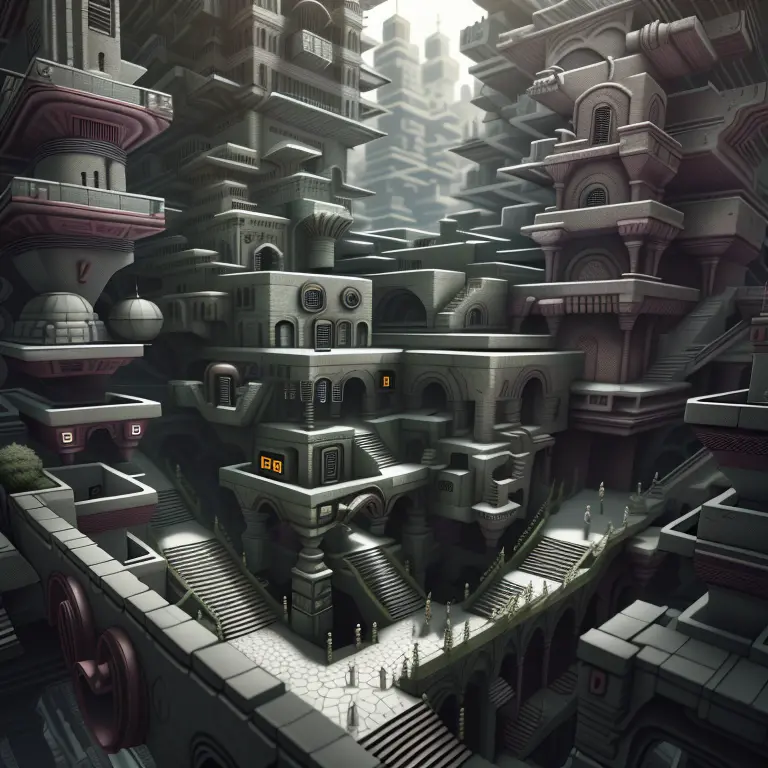 1:1, vertical 3D render, futuristic cyberpunk dystopian labyrinth