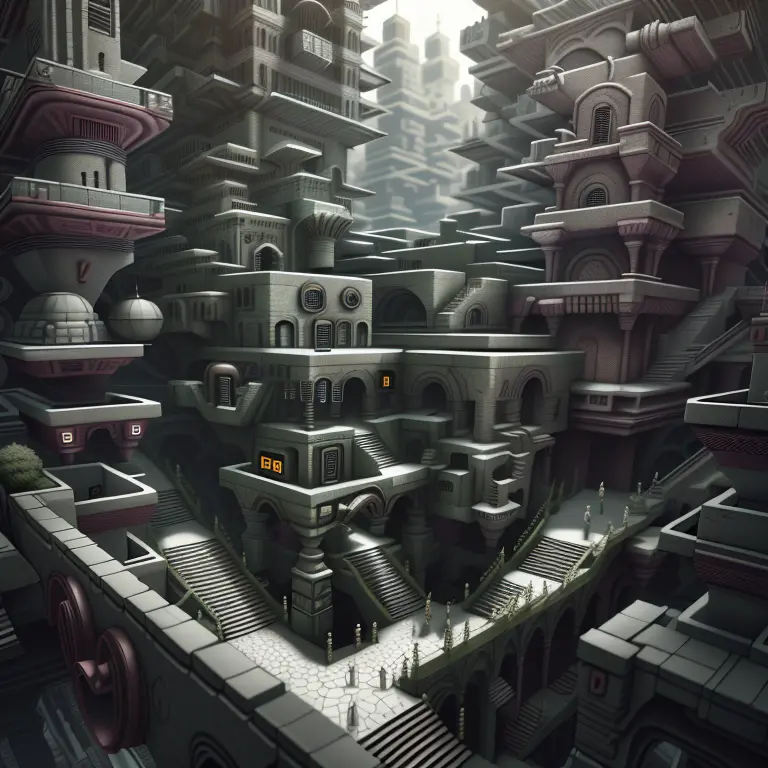 1:1, vertical 3d render, futuristic cyberpunk dystopian labyrinth