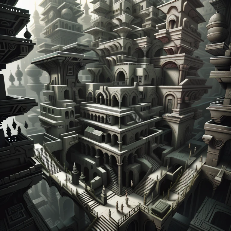 1:1, renderizado 3D vertical, Laberinto distópico futurista cyberpunk.