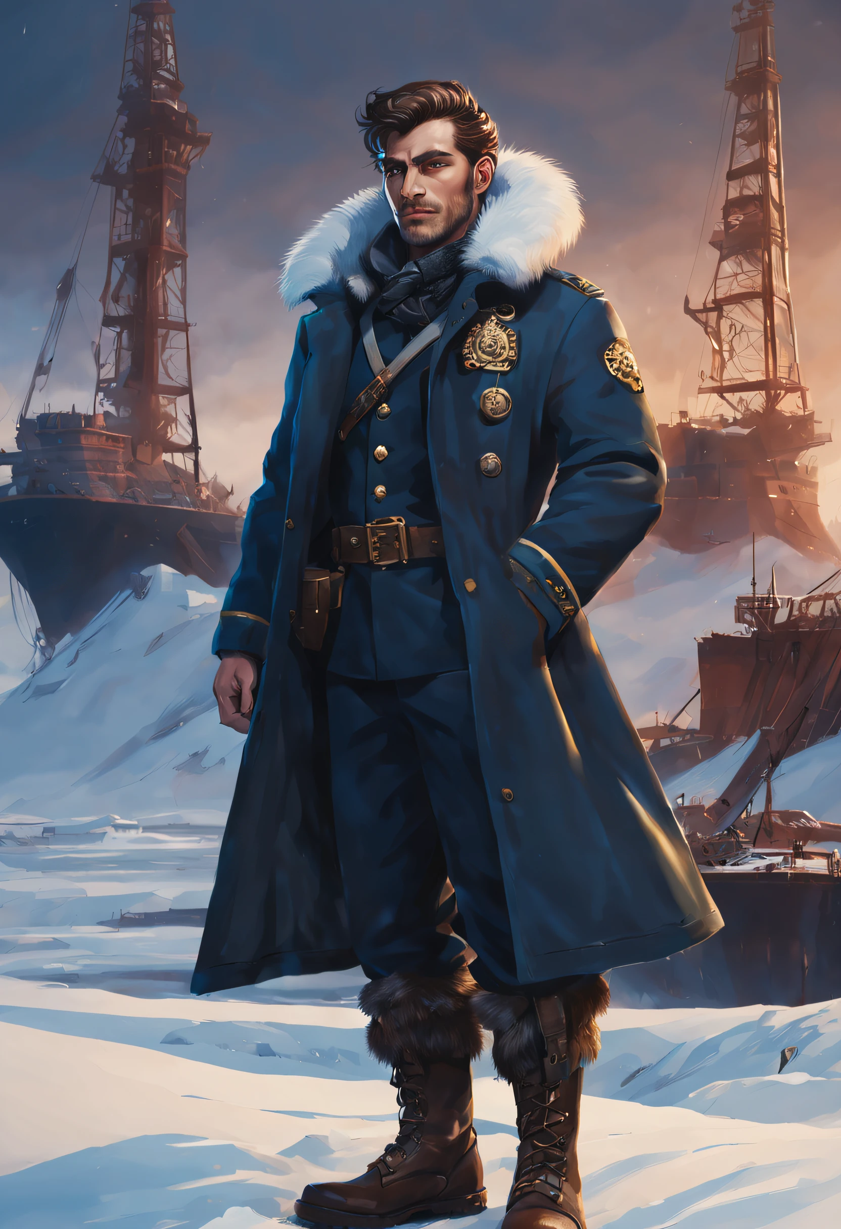 Warhammer, naval officer, clothes with fur, boots with fur, raincoat with fur, Snow in the background, oil rig in the background, in the snowy tundra, Good Quality, nightfall, Young man, sideburns, Full-length