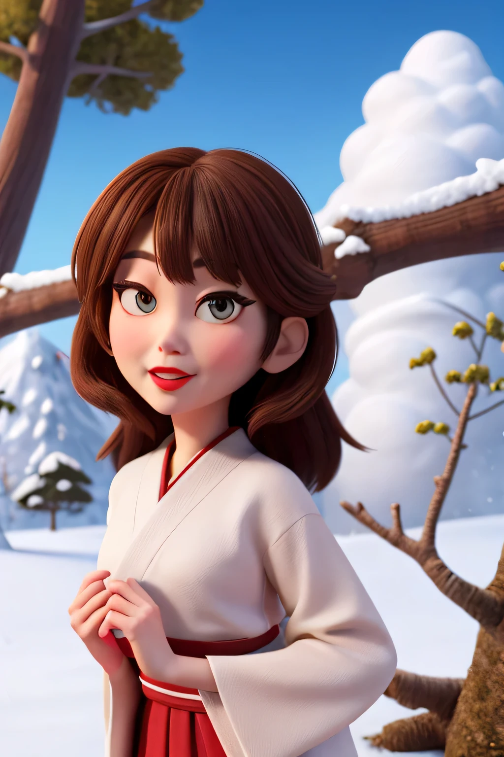 Brown-haired woman, yuki-onna, beautiful white kimono, snow mountains, tree with fallen leaves々, skyporn + Clouds, Red Lipstick, Big lips, Big eyes, merry disney/Pixar-style characters