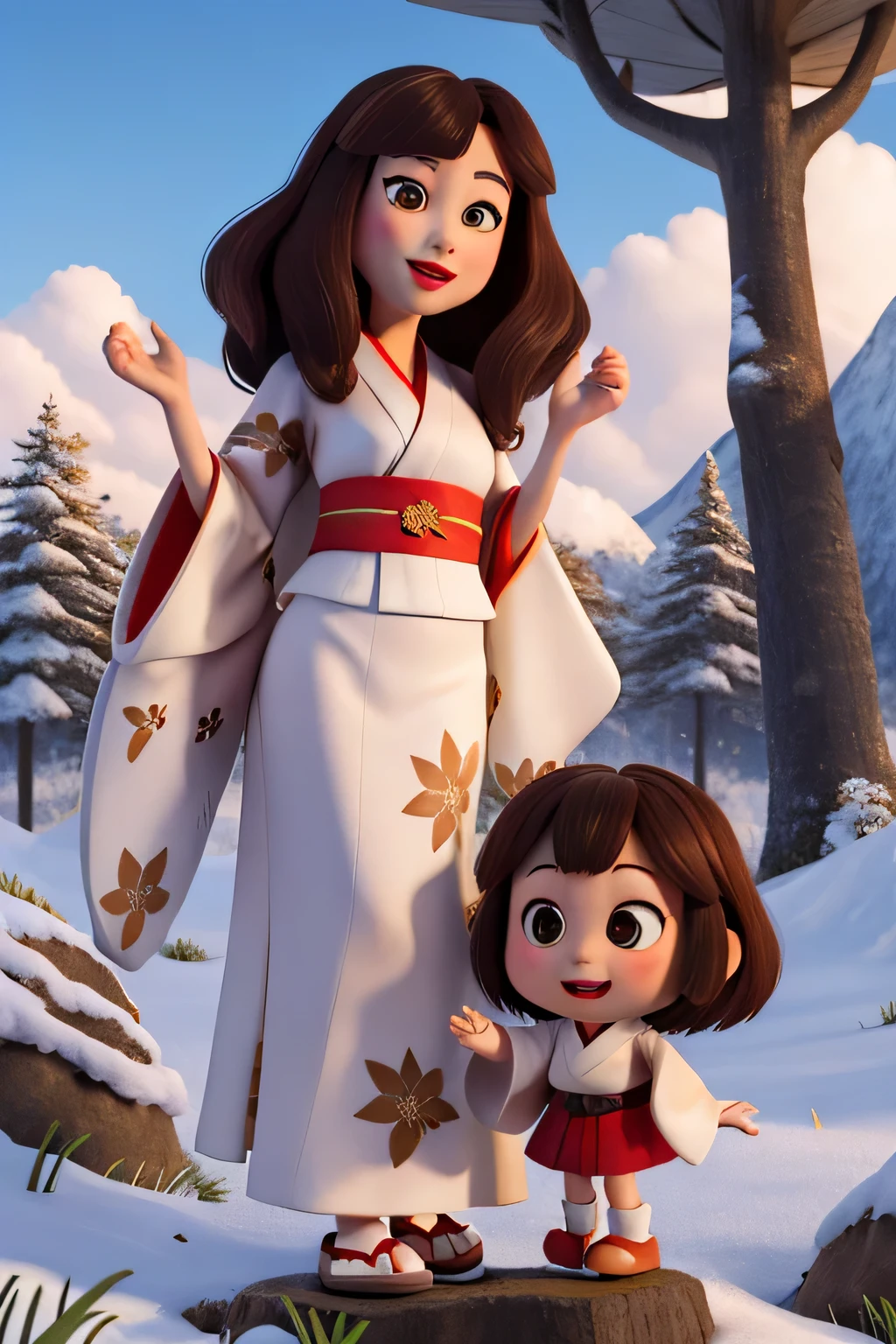 Brown-haired woman, yuki-onna, beautiful white kimono, snow mountains, tree with fallen leaves々, skyporn + Clouds, Red Lipstick, Big lips, Big eyes, merry disney/Pixar-style characters