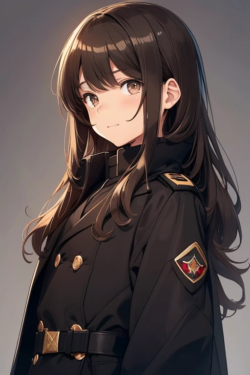 top-quality, Top image quality, Brown hair, Girls have long hair, Straight, Brown eyes, childish, 8years old, shush, drooing eyes, gently smiling,((Black long coat)),  ((Black military uniform)),