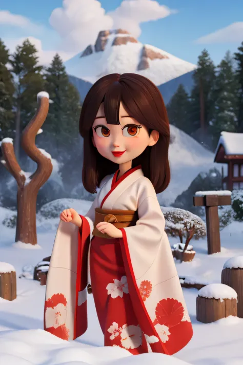 Brown-haired woman, yuki-onna, beautiful white kimono, Snowy mountains, tree with fallen leaves々, skyporn + Clouds + Snow, Cute,...