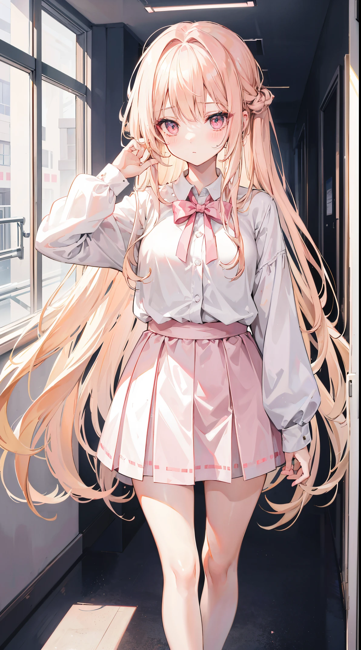 Long blond hair scattered behind her back，a pink eyes，girl in