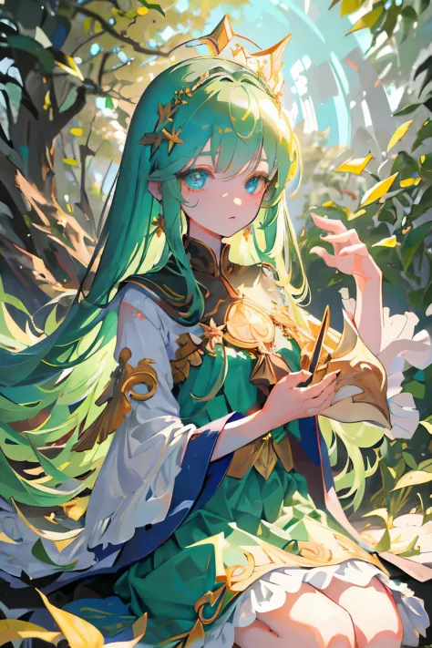 (masterpiece,best quality:1.4),ultra-detailed,illustration,(solo,1girl,loli:1.2),Bright,forest,detailed background,dryad,long gr...