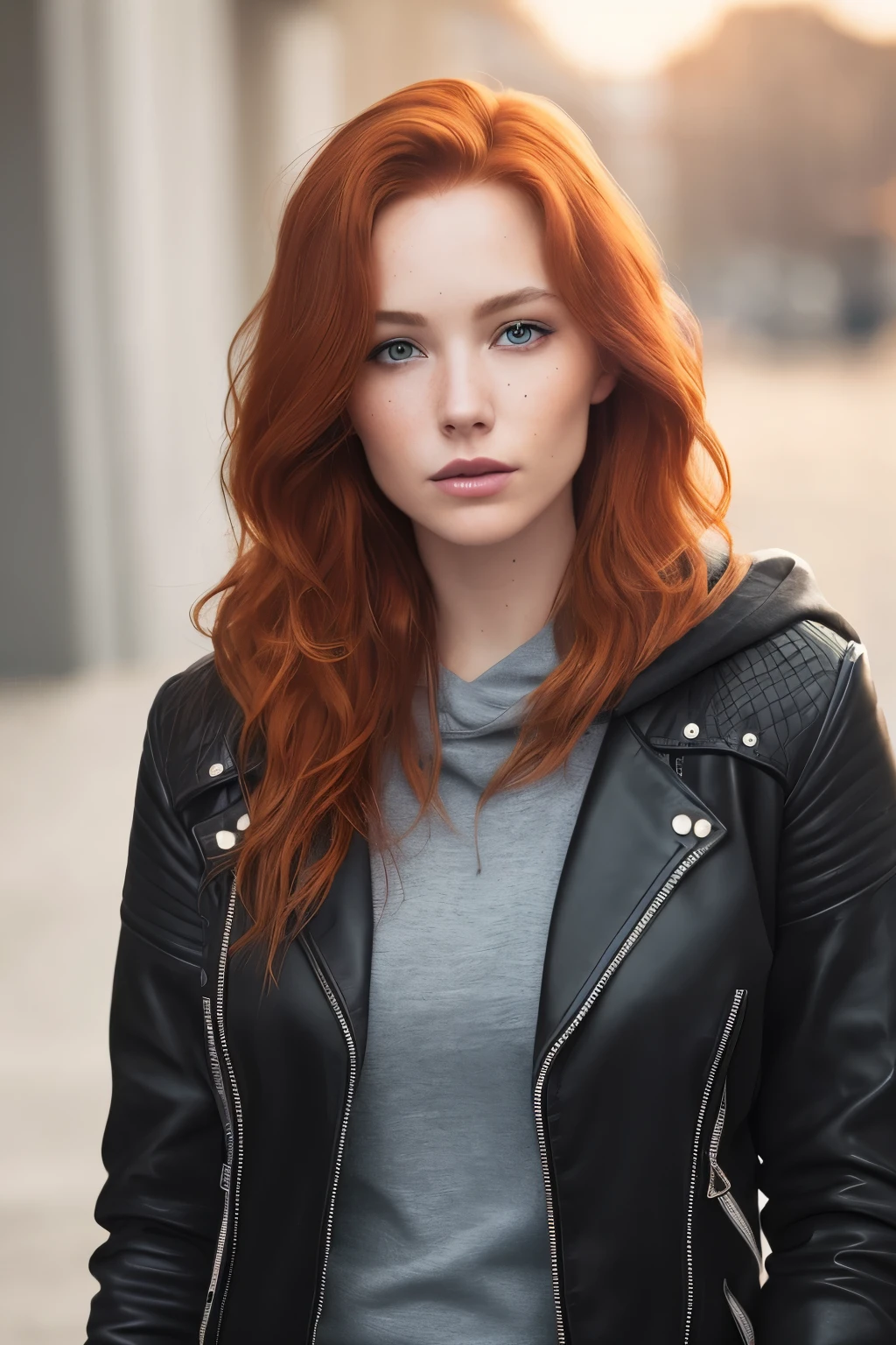 A woman with red hair and a black jacket is posing for a picture - SeaArt AI