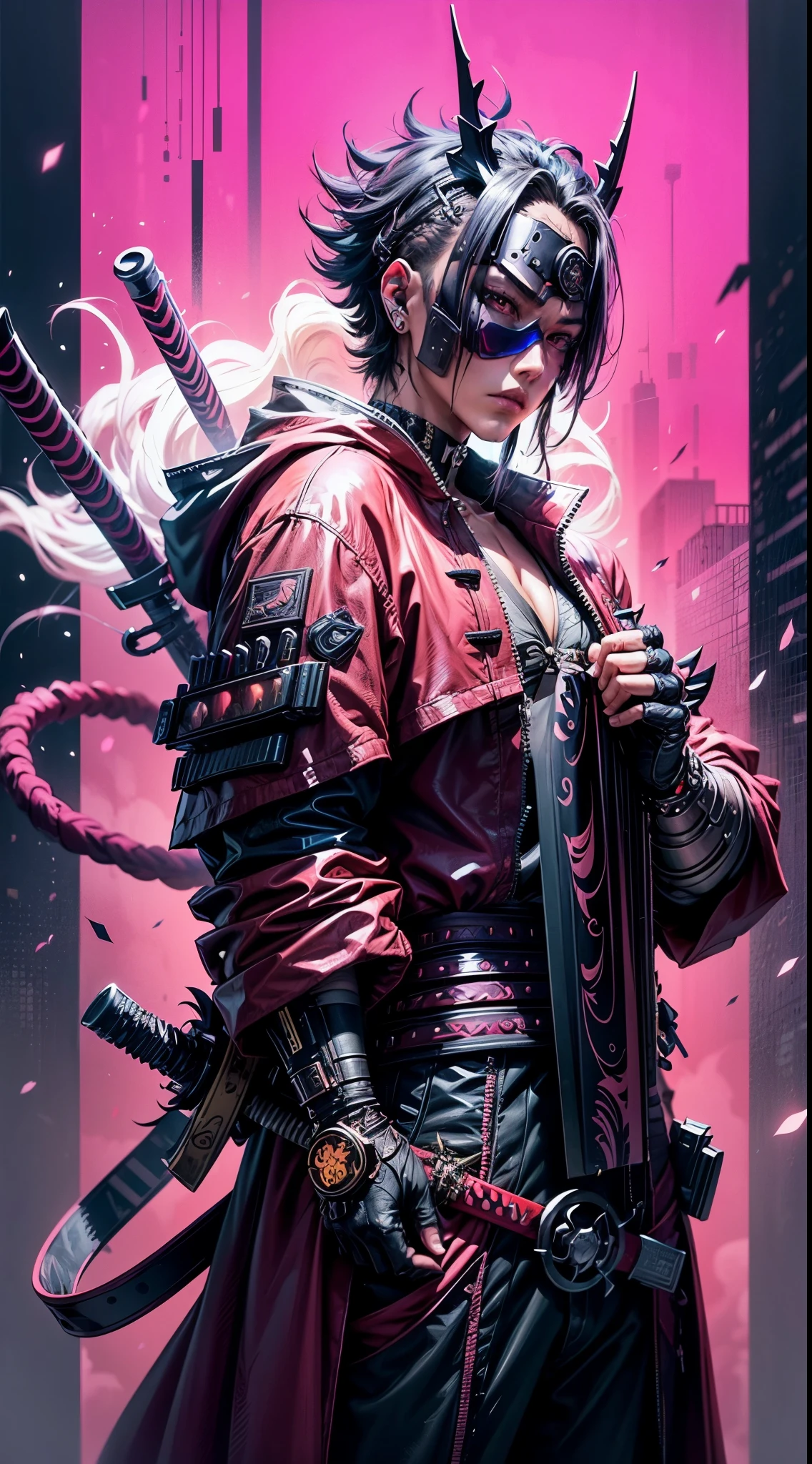 man in a pink outfit swords , demon mask, pink flames and a pink background, very beautiful cyberpunk samurai, neon samurai, handsome guy in demon slayer art, cyberpunk samurai, badass anime 8 k, best anime 4k konachan wallpaper, trigger anime artstyle, demon slayer artstyle, portrait of a cyberpunk samurai, cyberpunk anime art, anime art wallpaper 8 k, cyberpunk art style