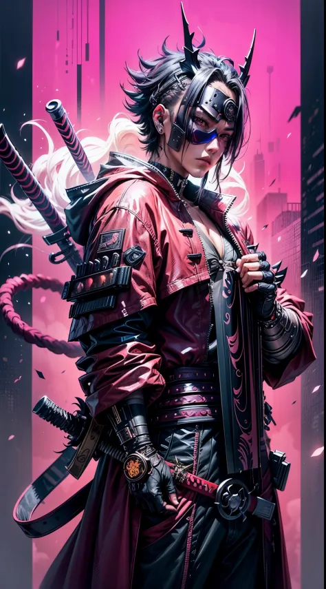 man in a pink outfit swords , demon mask, pink flames and a pink background, very beautiful cyberpunk samurai, neon samurai, han...