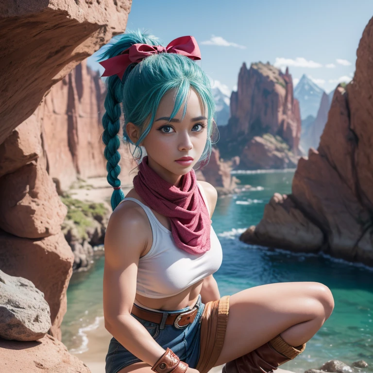 dragon ball, blmpony, 1girl, aqua hair, (red) hair ribbon, braided ponytail, brown belt, scarf, pink crop shirt, brown gloves, medium breasts, bulma, beautiful short woman, (symmetrical beautiful detailed eyes:1.2), small stature, posing in front of rocks, mountains in the background, raw photo, highly detailed, ultra hd, 8k, pussy visible, (photorealistic, hyperdetailed:1.2), seductive look, skindentation, lustrous skin, (solo), (Squatting cowgirl position:1.2)
