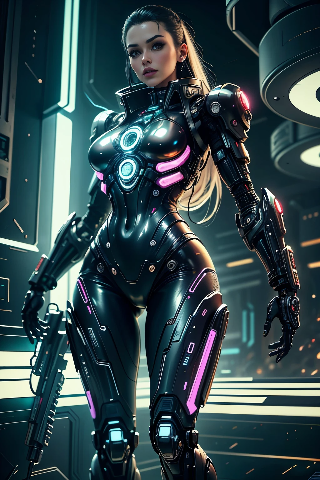 Cyberwoman Hall in Cyberpunk City of the Future々and cyberpunk women, with a full body on display, is depicted in a futuristic cyberpunk city. His eyes sparkle with intense neon, reflecting the cityscape filled with dystopian skyscrapers, holographic advertisements and flying vehicles amid a night sky lit by vibrant neons. The cybernetic woman sports a shiny metallic skin, covered in intricate cybernetic details and circuit tattoos. His posture is confident、Challenging